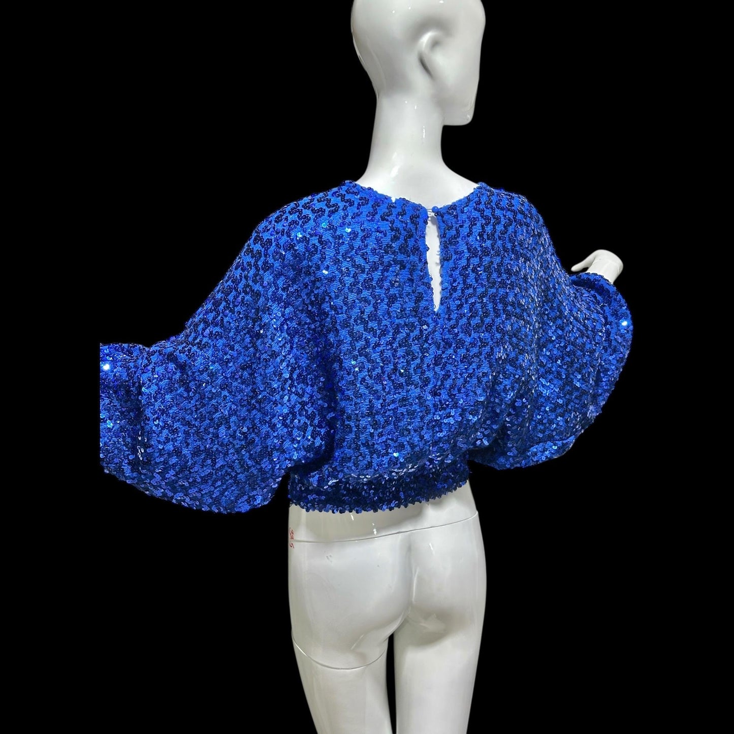 MISTER JAY vintage 1970s sequin disco sweater, Royal blue knit batwing evening cropped top, stretchy