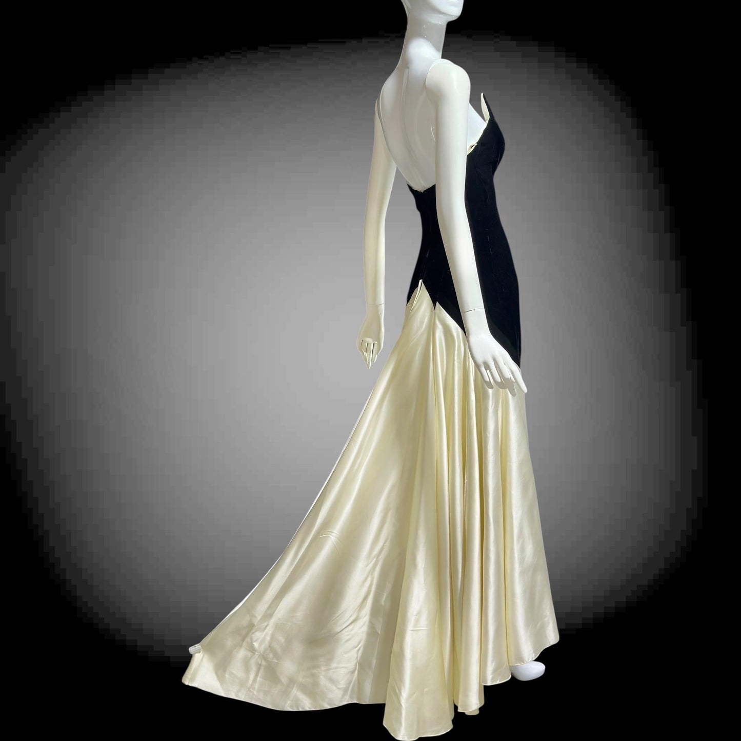 VICTOR COSTA vintage 1970s evening dress gown, Neiman Marcus, black velvet & white satin strapless mermaid gown