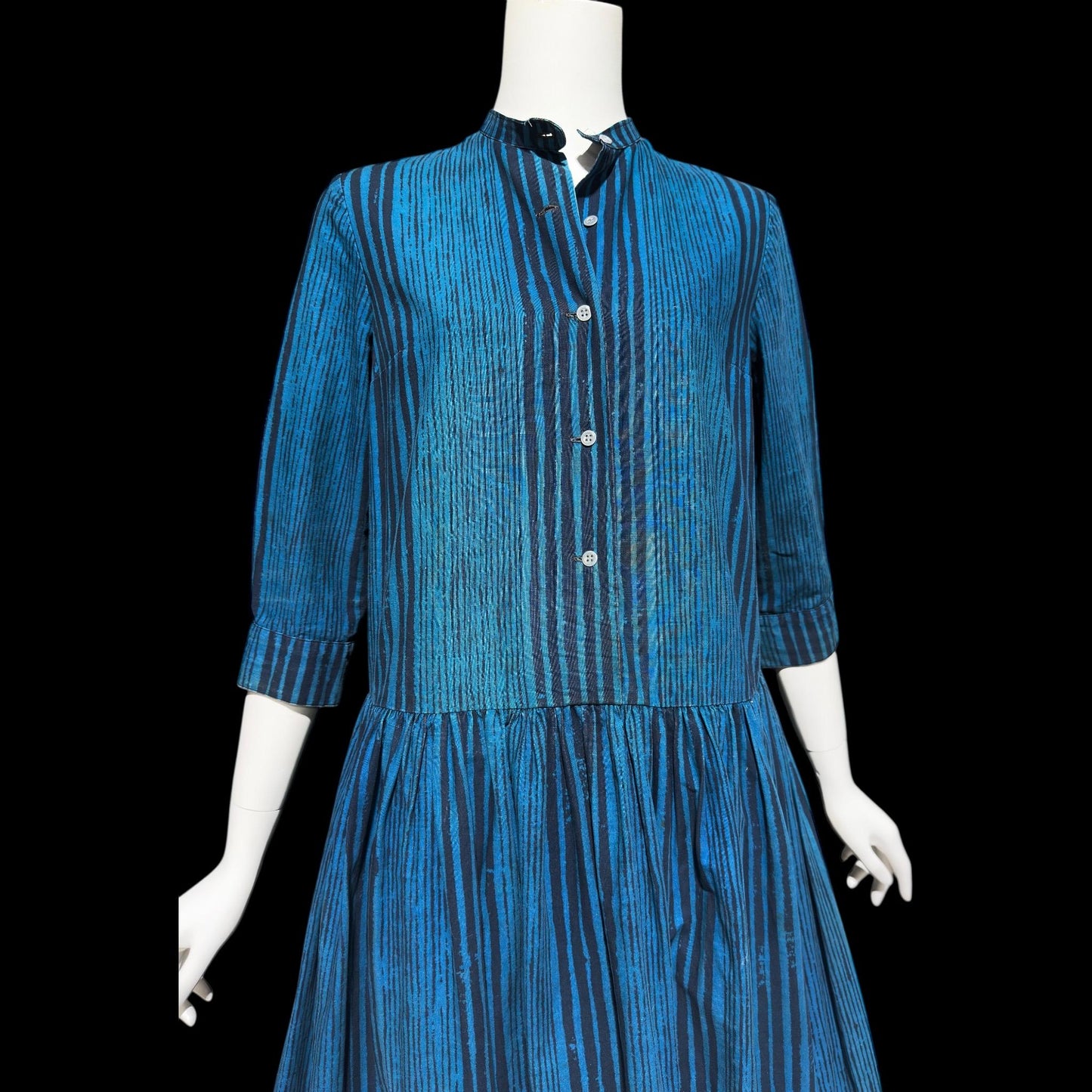 MARIMEKKO vintage 1960s day dress, Suomi Finland cotton shirt dress, Blue black stripe