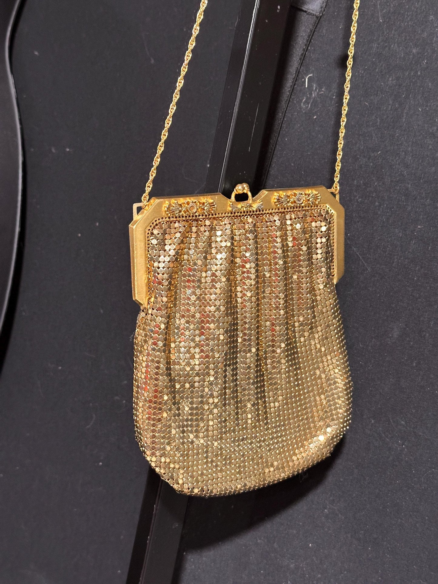 WHITING & DAVIS vintage 1960s mesh bag purse, gold mesh dance evening bag