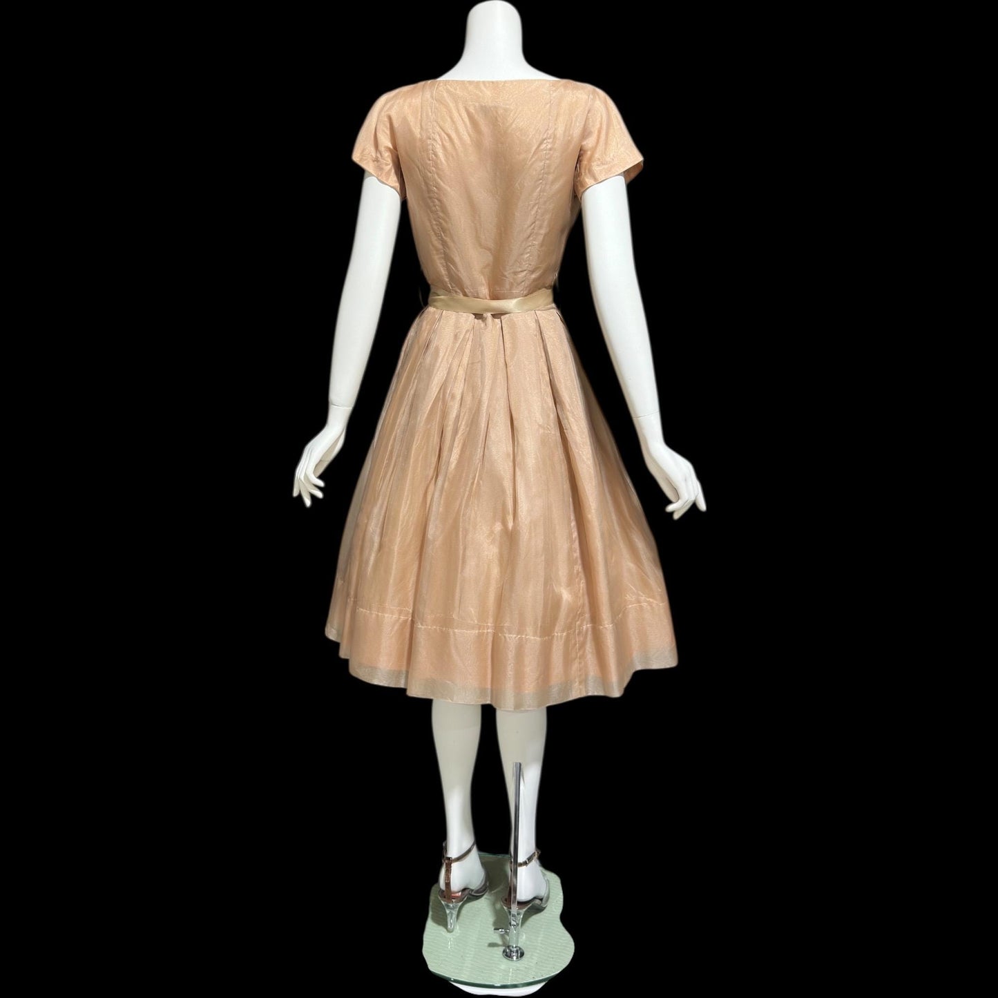 GIGI YOUNG, vintage 1950s dress, Toasty Caramel organza cocktail party dress, pleated fit & flare dress