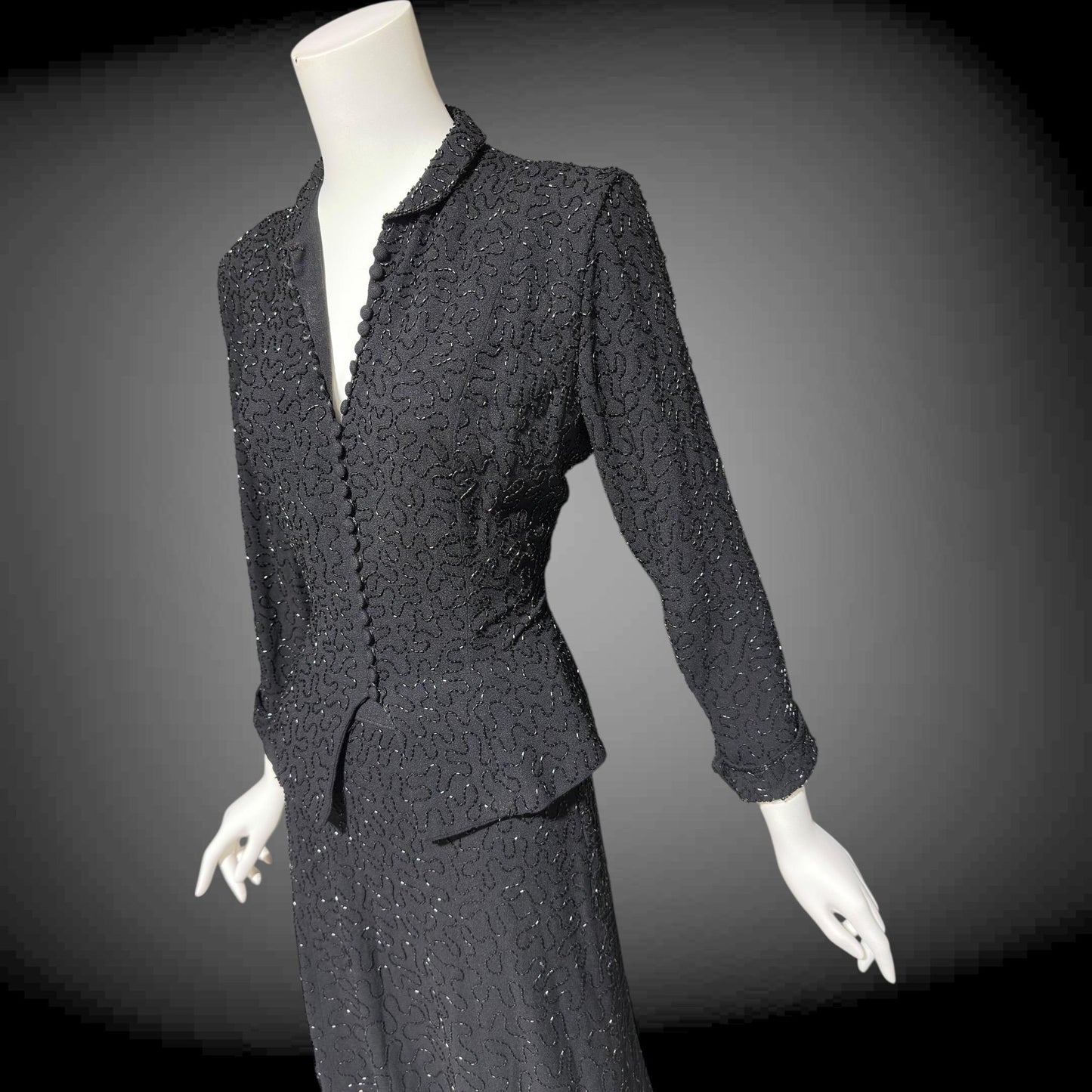 CEIL CHAPMAN vintage 1940s Beaded Evening Suit, Black crepe Cocktail Skirt and Jacket set