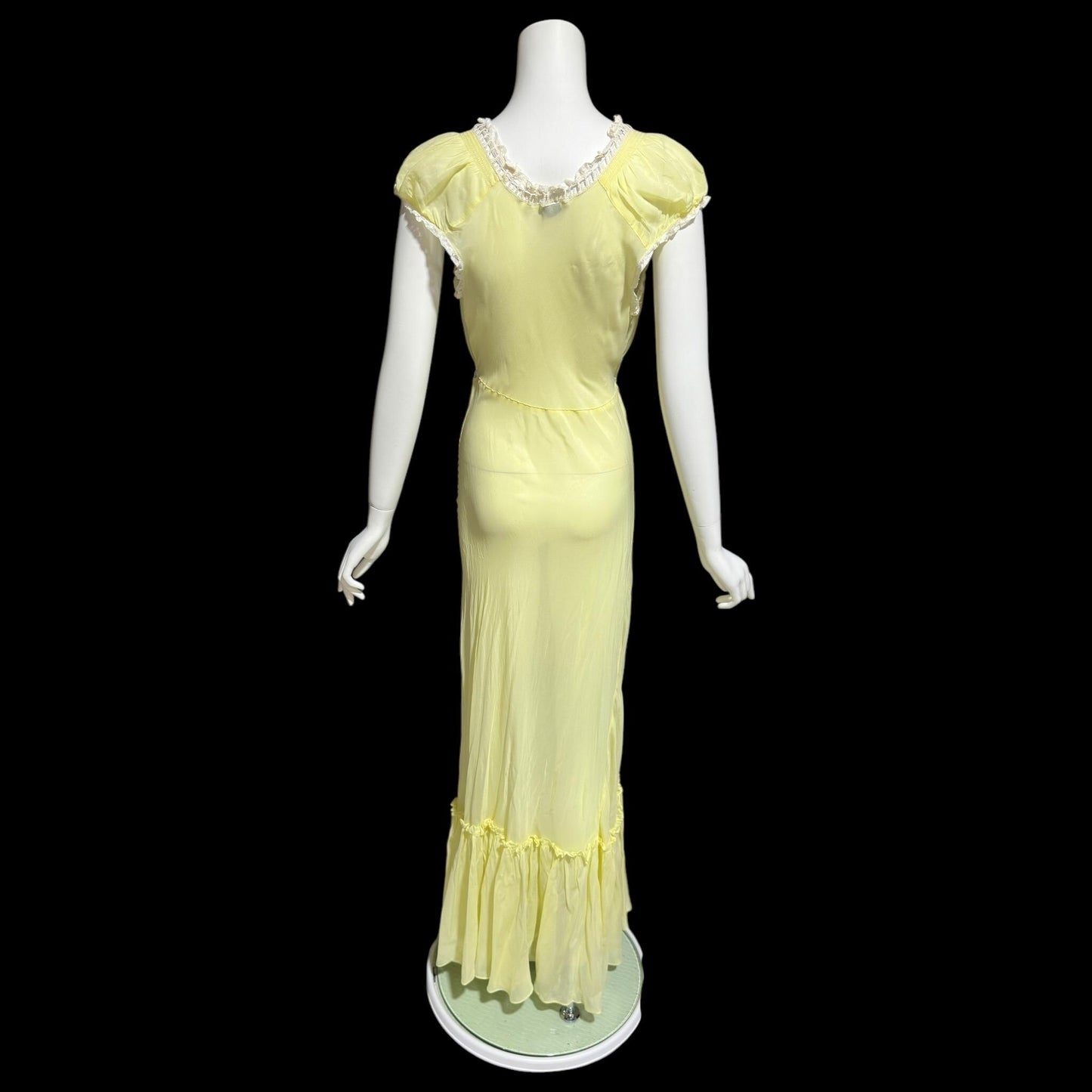VELMA, vintage 1940s nightgown, butter yellow bias cut rayon slip dress, full length ruffle bottom, cap sleeves