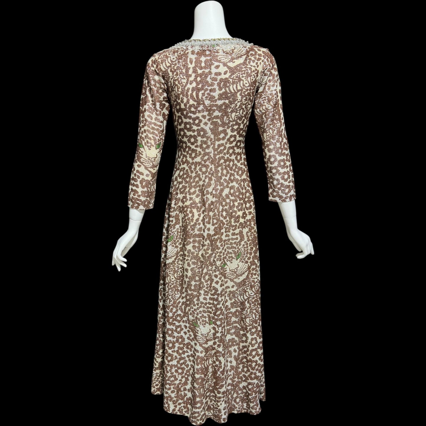 TAMMY vintage 1970s lurex maxi dress, slinky leopard animal print metallic knit party dress