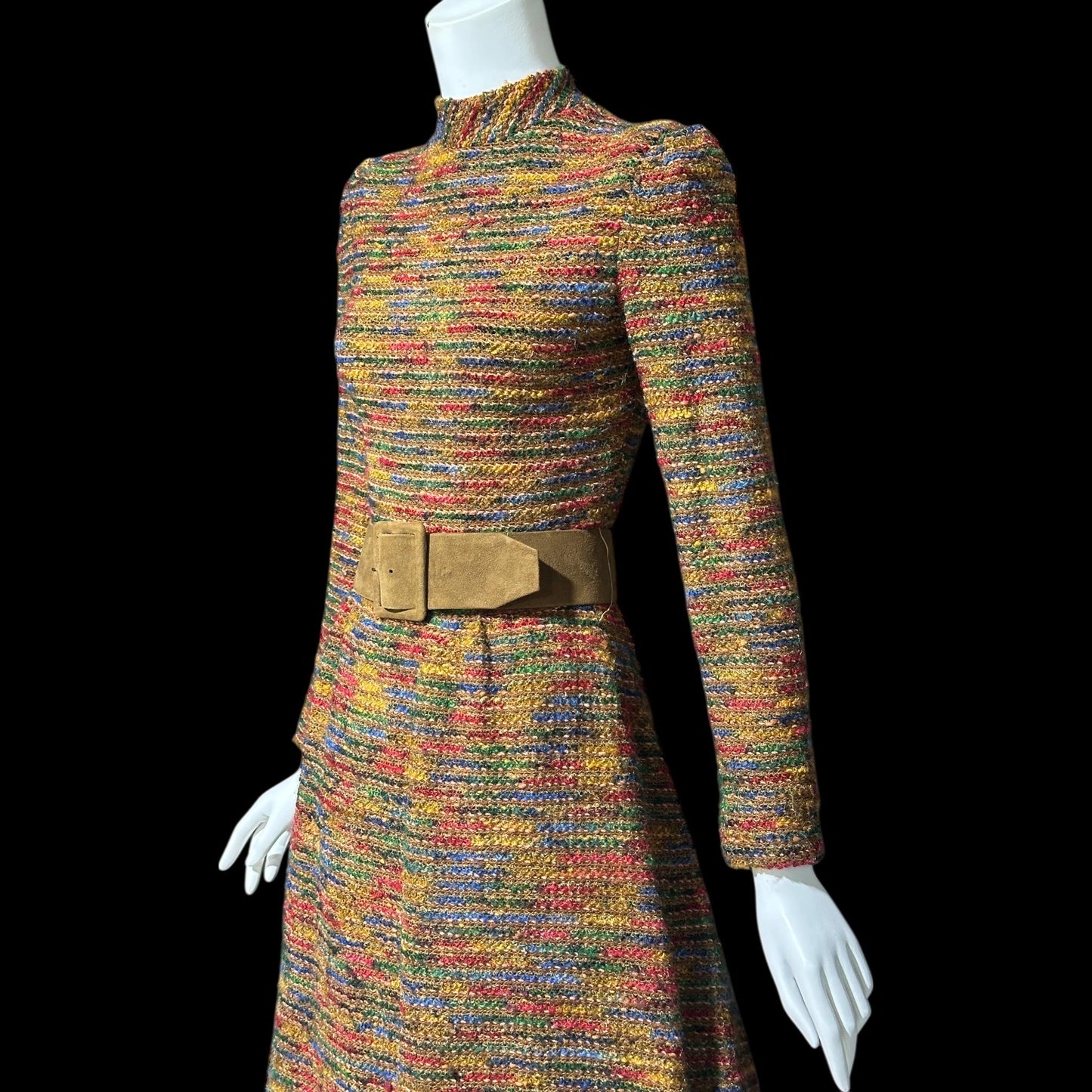 ARNOLD SCAASI vintage 1970s Day Dress, boucle wool & silk high neck dress