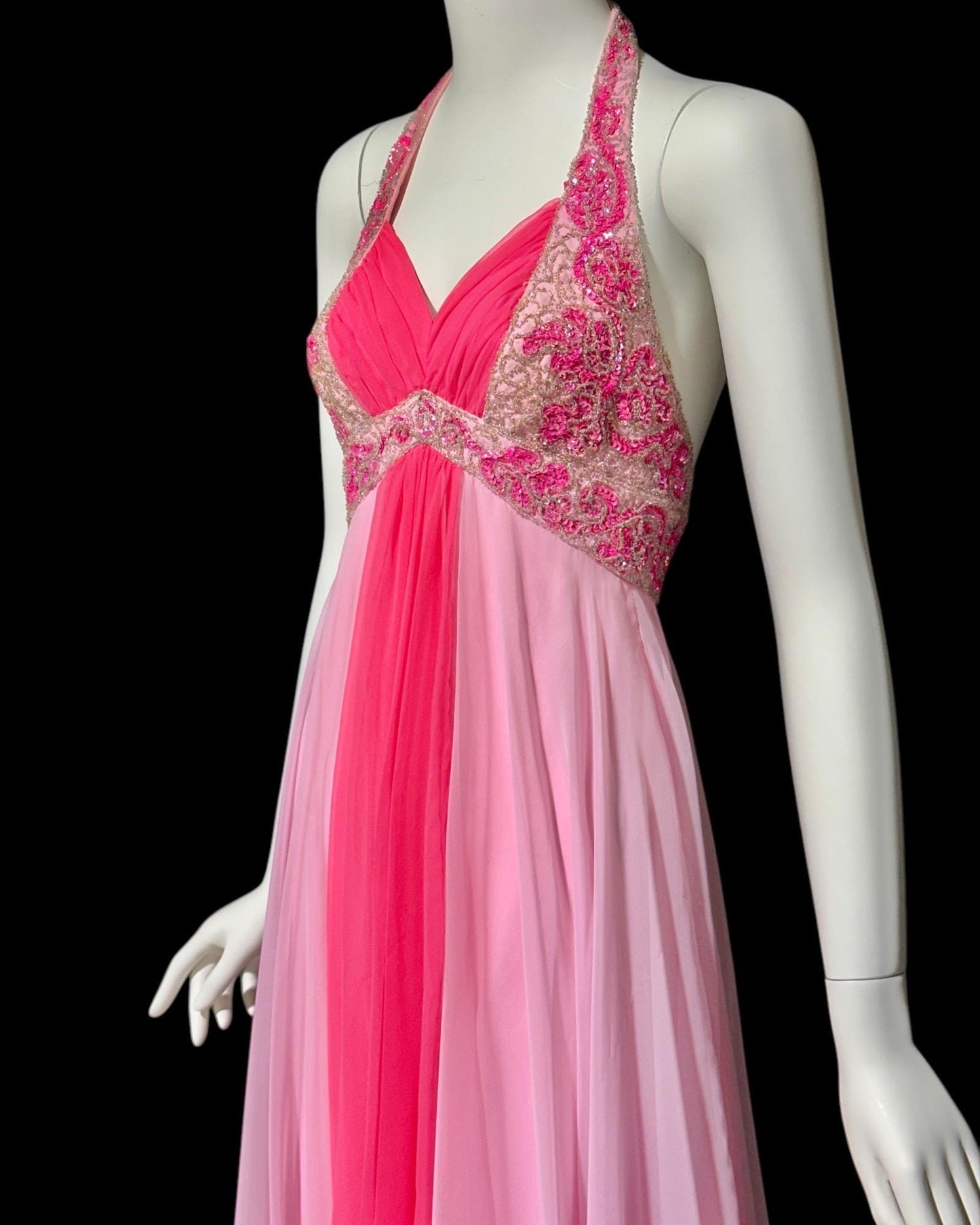 MIKE BENET evening prom dress, 1960s vintage pink chiffon beaded halter evening ball gown