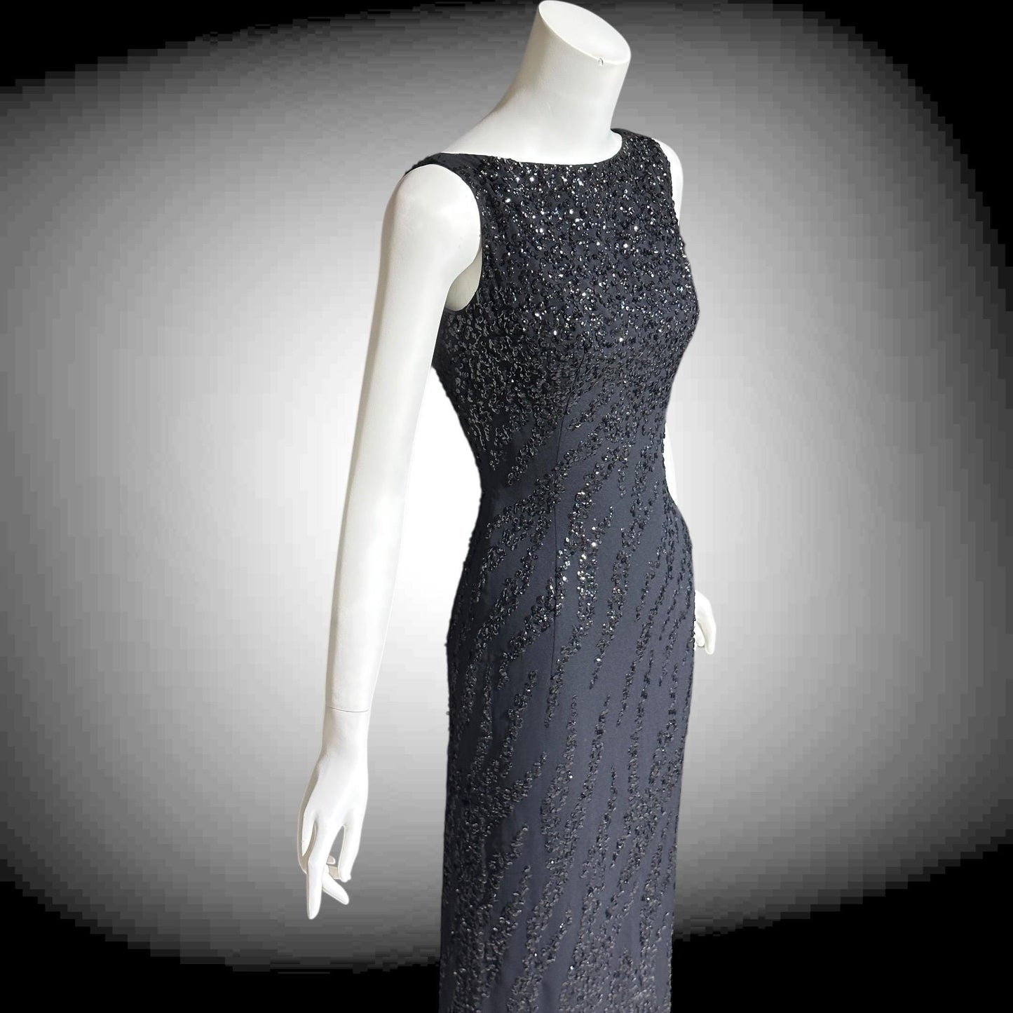 FRANK STARR Vintage 1960s evening gown dress, Lord & Taylor, black sequin sheath evening gown
