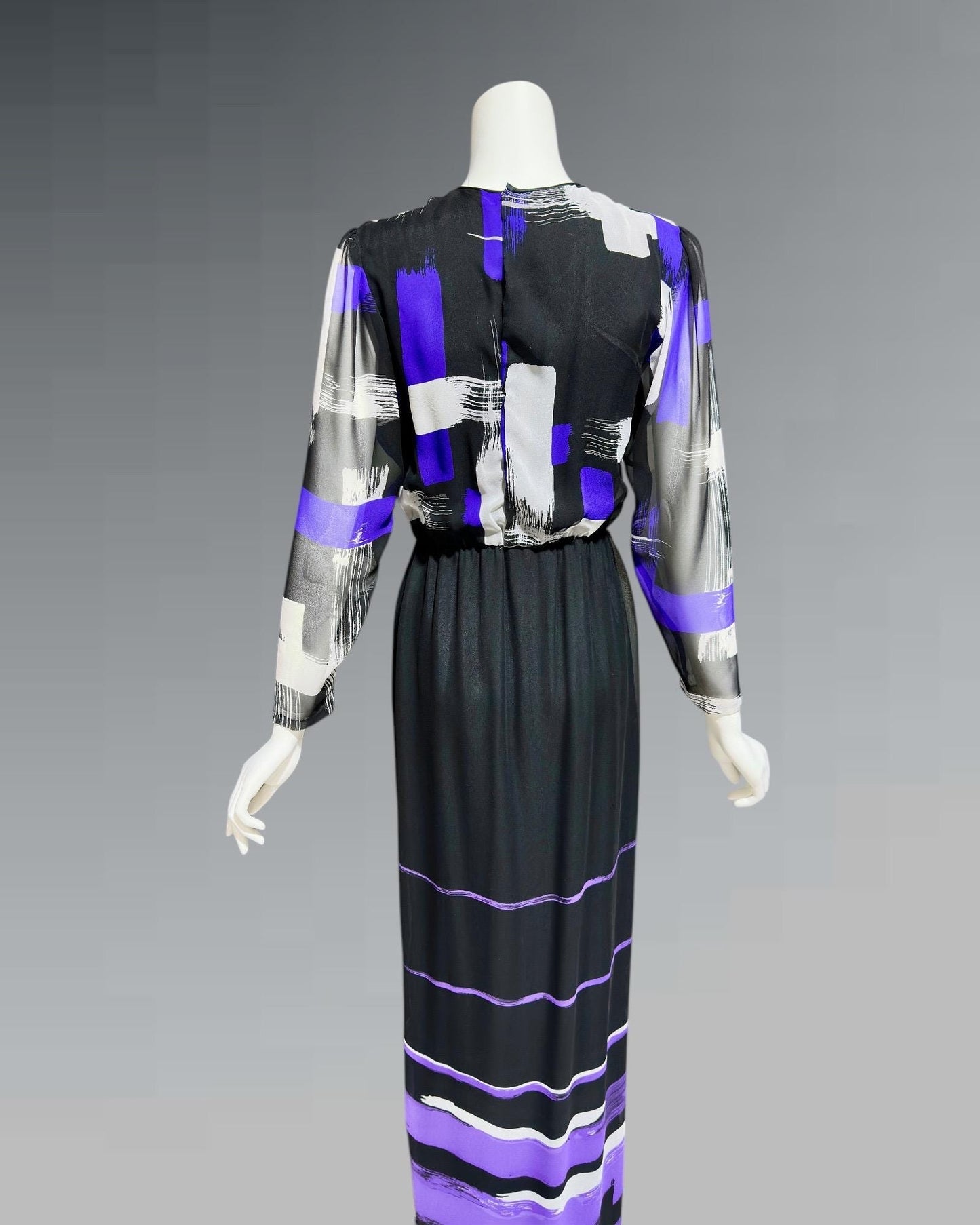 HANAE MORI for MARTHA Palm Beach, vintage 1970s chiffon gown, black and purple sheer blouson