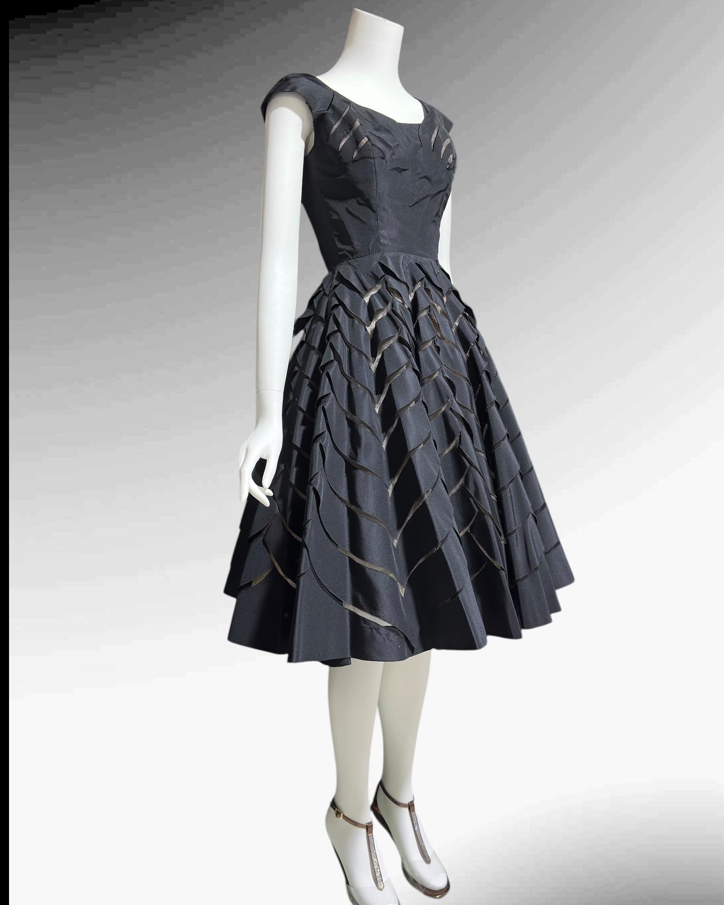 OLDRIC ROYCE, vintage 1950s dress, black cutout fit and flare cocktail party evening dress