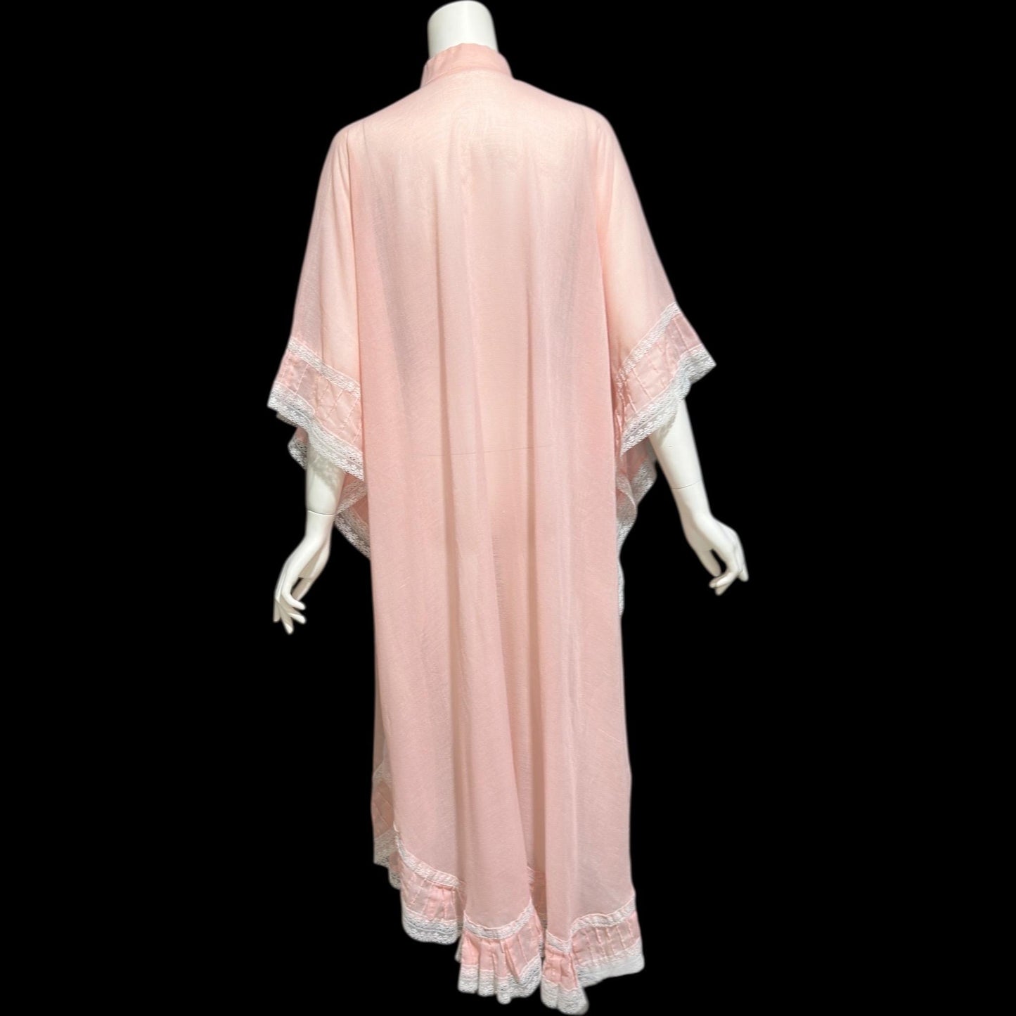 1970s Vintage sheer caftan dress, baby pink cotton poly blend with white embroidered flowers