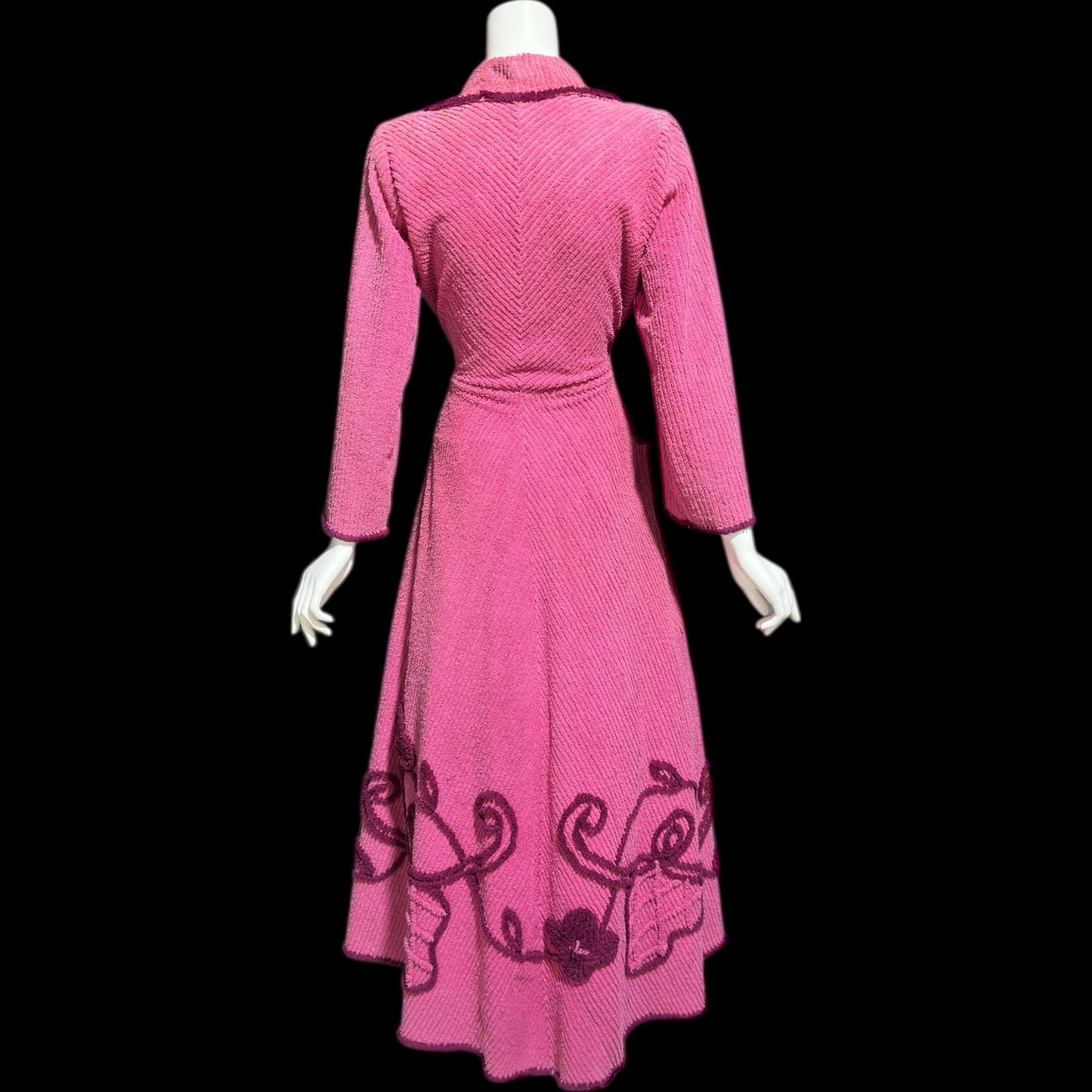1940s vintage dressing gown robe, Raspberry Pink cotton chenille wrap front housecoat, full length hostess dress, Embroidered
