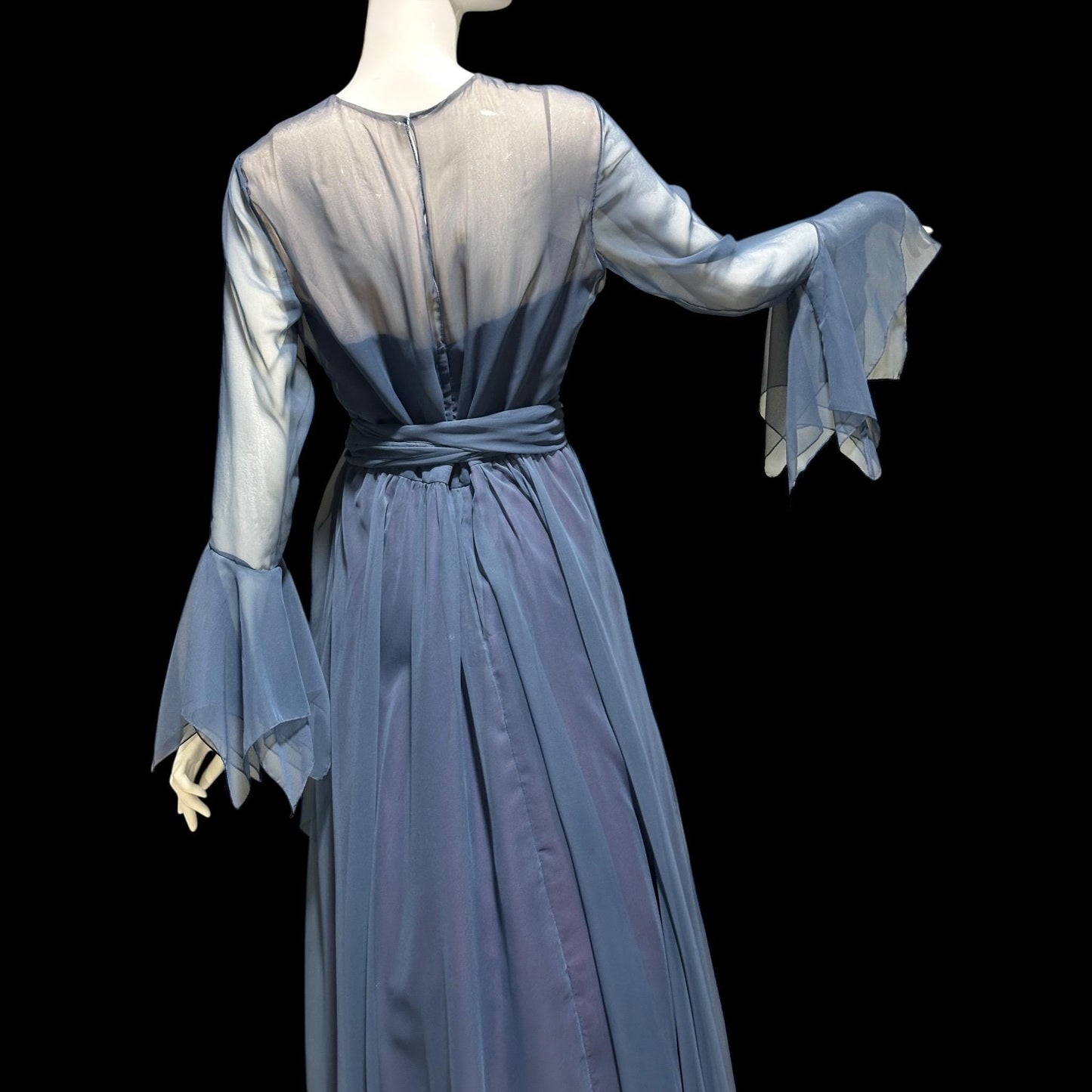 KIKI HART vintage 1960s evening dress, dusty blue poly chiffon gown, Scarf Sleeves
