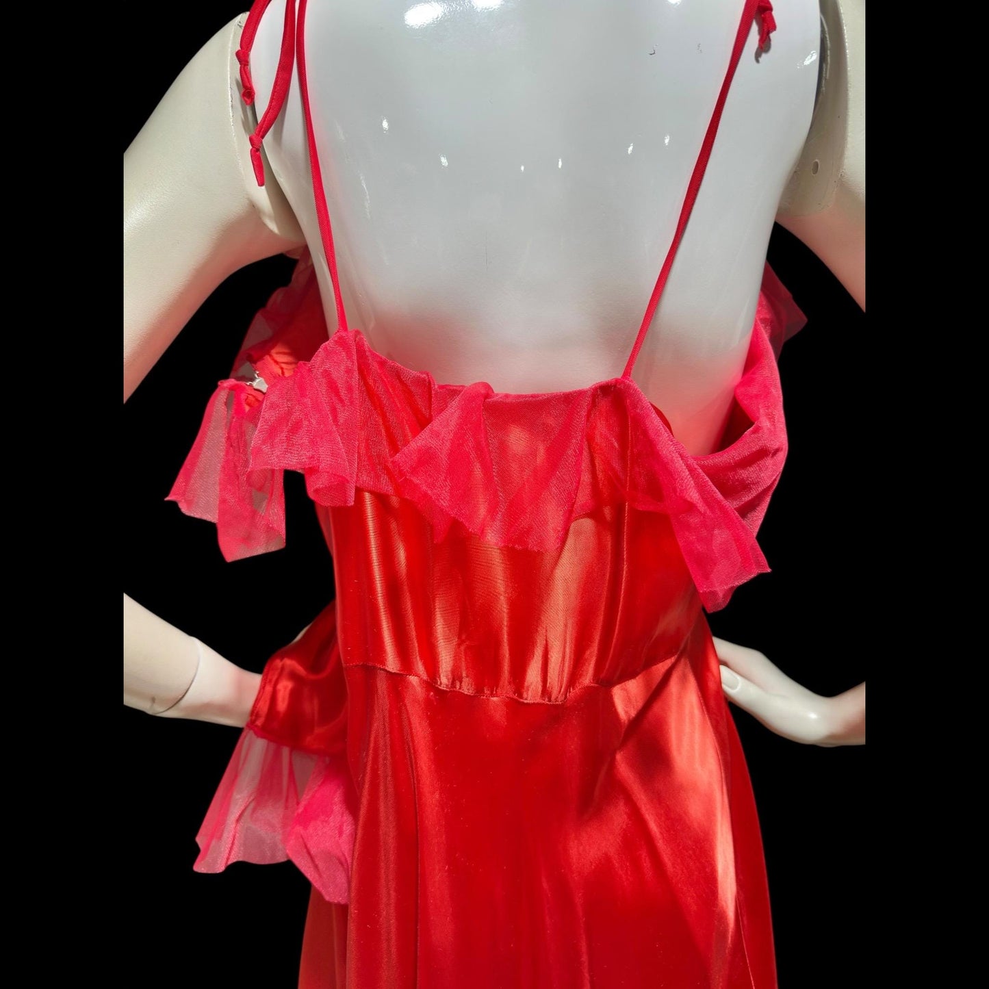 1940s vintage nightgown slip dress, Shiny lipstick red satin with a sheer mesh tulle ruffled trim