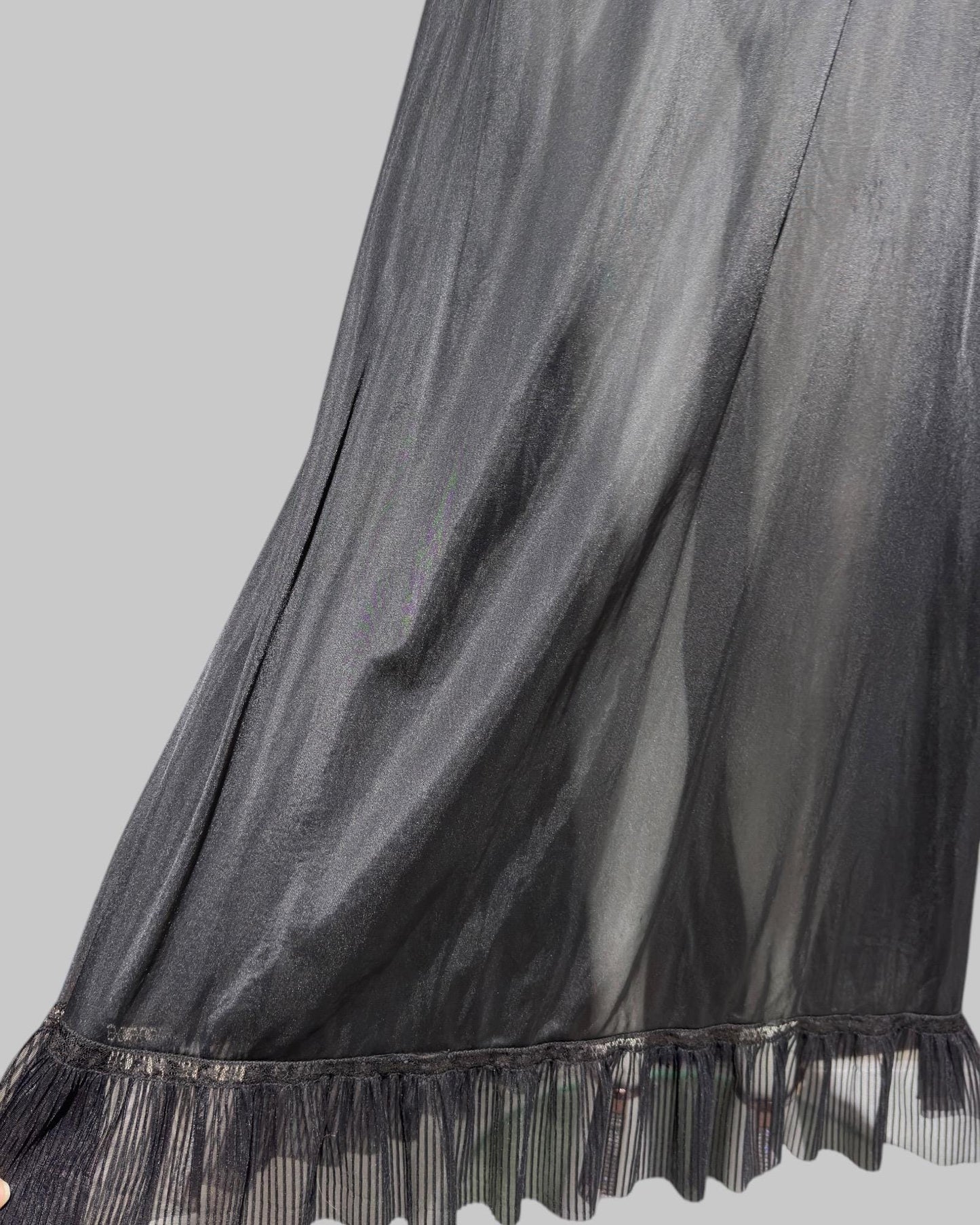 KAYSER vintage 1950s nightgown slip dress, ethereal sheer black chiffon and lace micro pleat gown