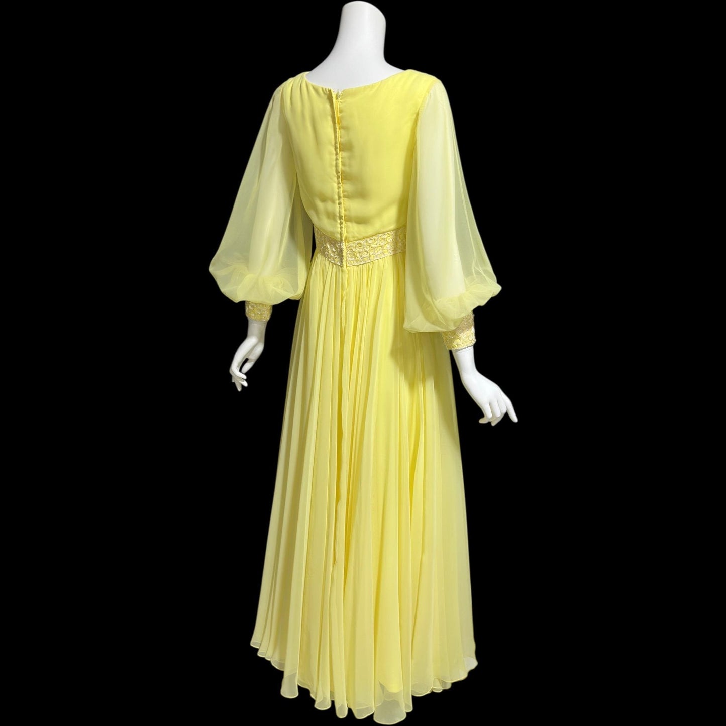 MIKE BENET, vintage 1970s evening dress, Lemon Yellow chiffon sequin formal ball gown