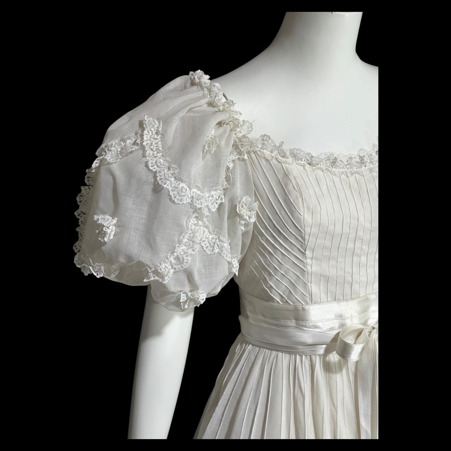 1970s Mexican Wedding dress, White cotton tiered lace ball gown, off shoulder huge Sleeves Bohemian gown