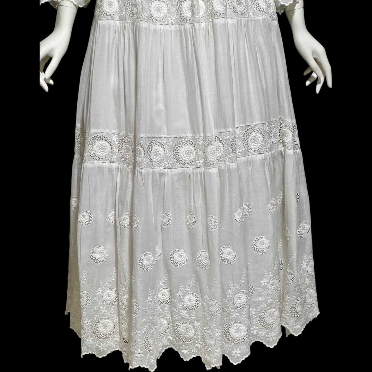 1970s Mexican Wedding dress, White batiste cotton embroidered empire ball gown