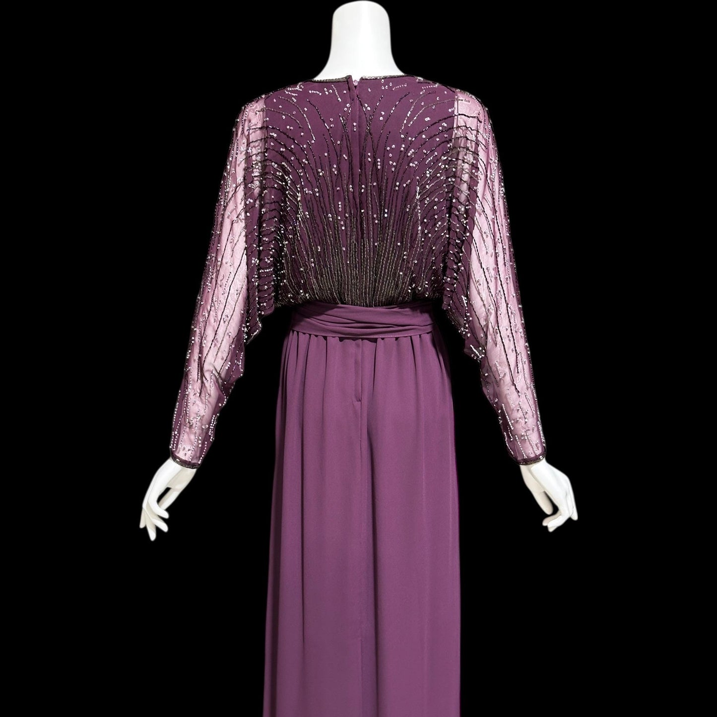 JACK BRYAN vintage evening dress gown, 1970s Aubergine Eggplant Purple chiffon beaded dolman sleeves, Deep V