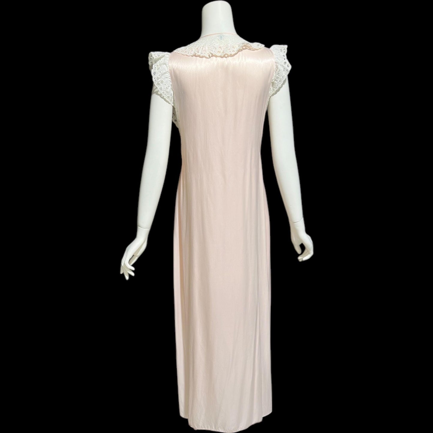 GODFRIED, vintage 1940s nightgown, Pink Bur-mil Rayon with white eyelet lace and waterfall back