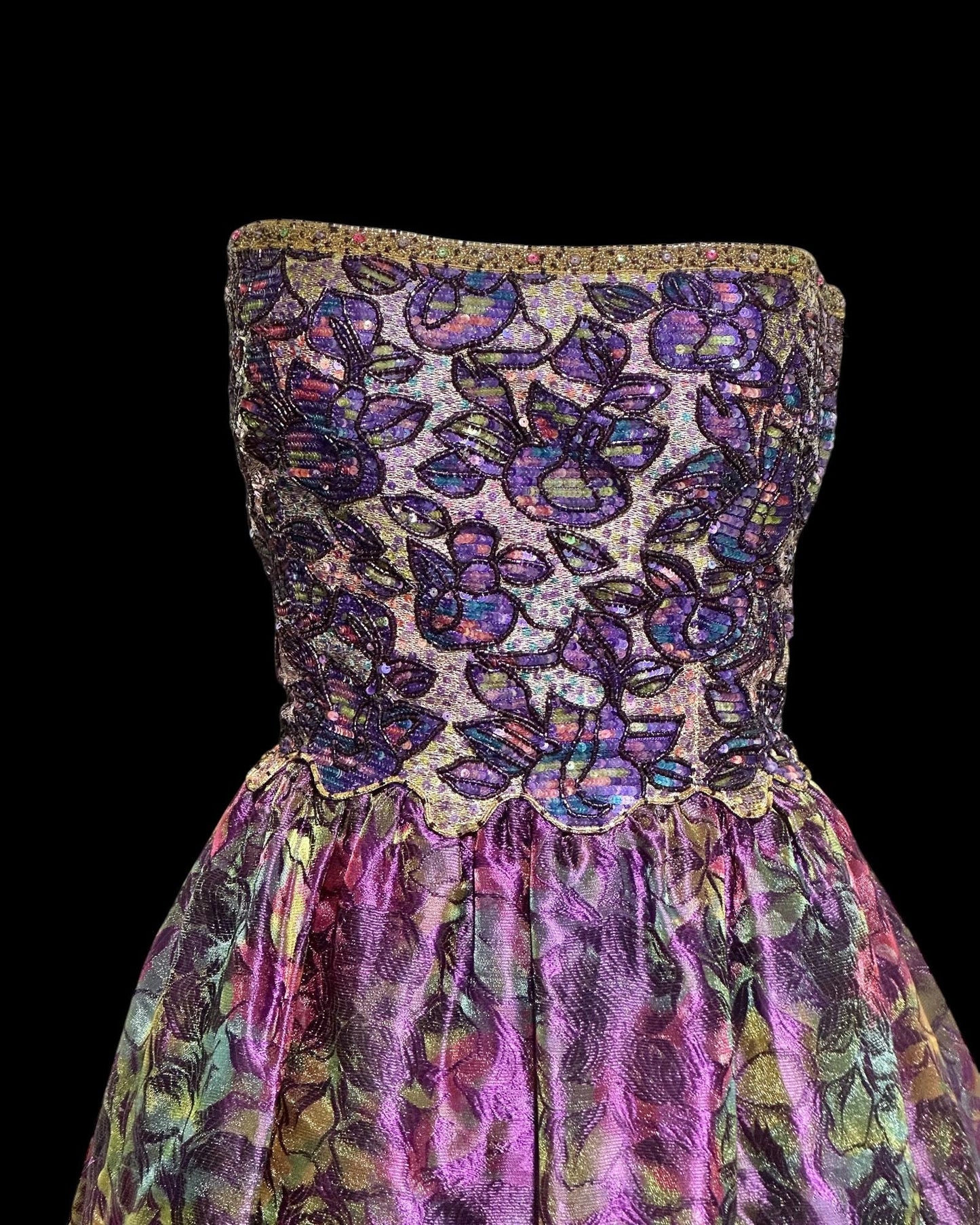 MARY MCFADDEN COUTURE, vintage 1980s evening dress, Saks Fifth Avenue Purple beaded floral ball gown