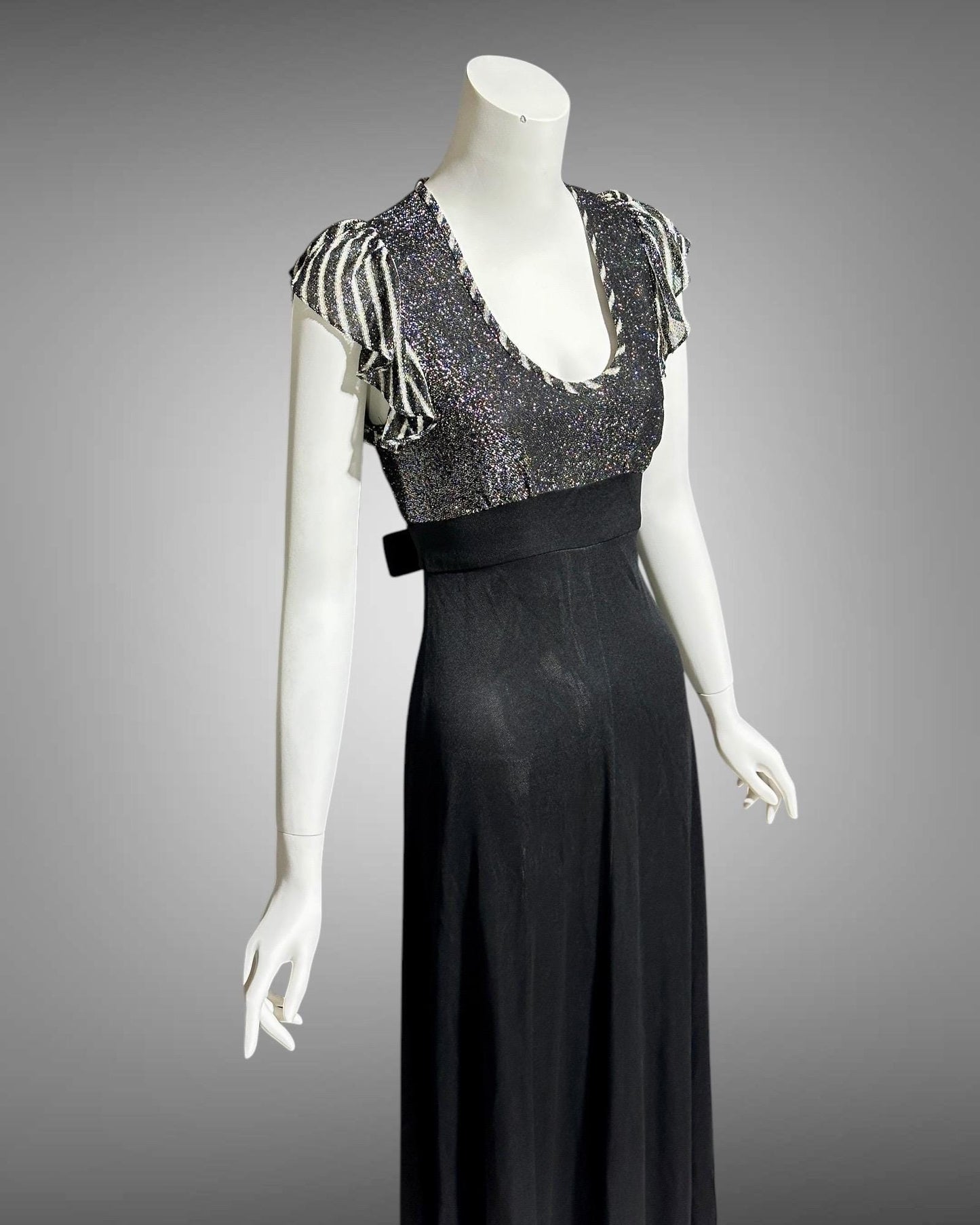 YOUNG INNOCENT by ARPEJA, 1970s vintage black jersey knit & lurex long dress