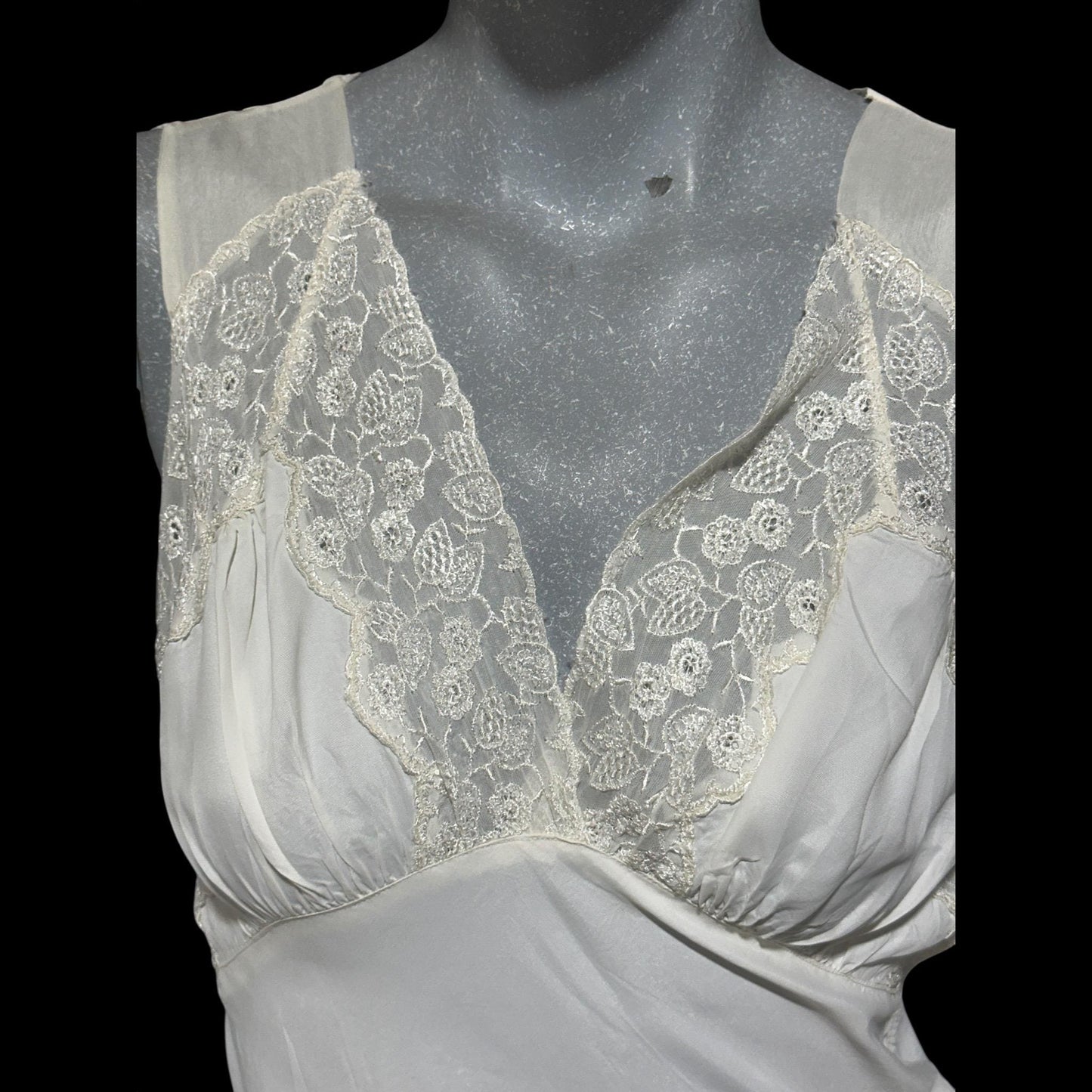 1930s vintage Nightgown slip dress, White rayon and lace bias cut night dress, full length with side snaps