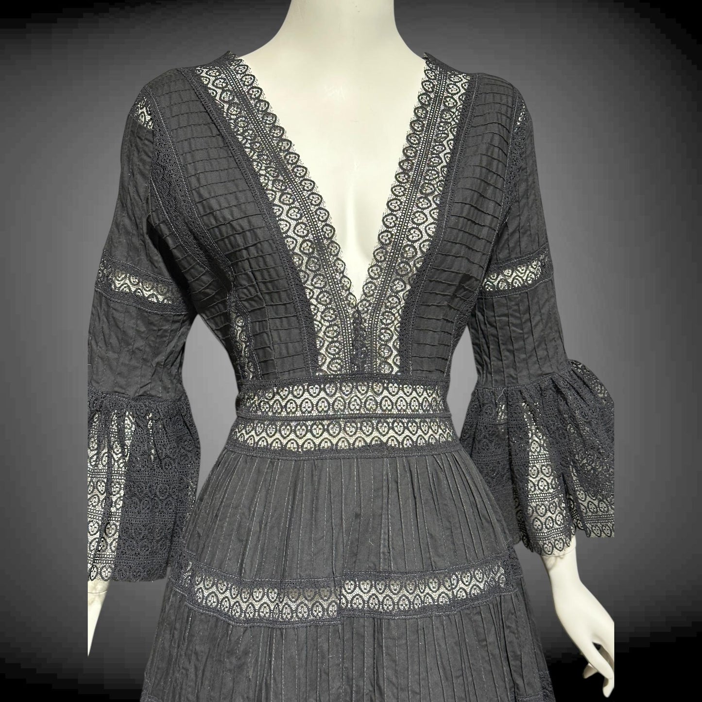1970s vintage Mexican Wedding dress, Black cotton blend Deep V ball gown, long bell Sleeves, Maxi Hippie Bohemian gown