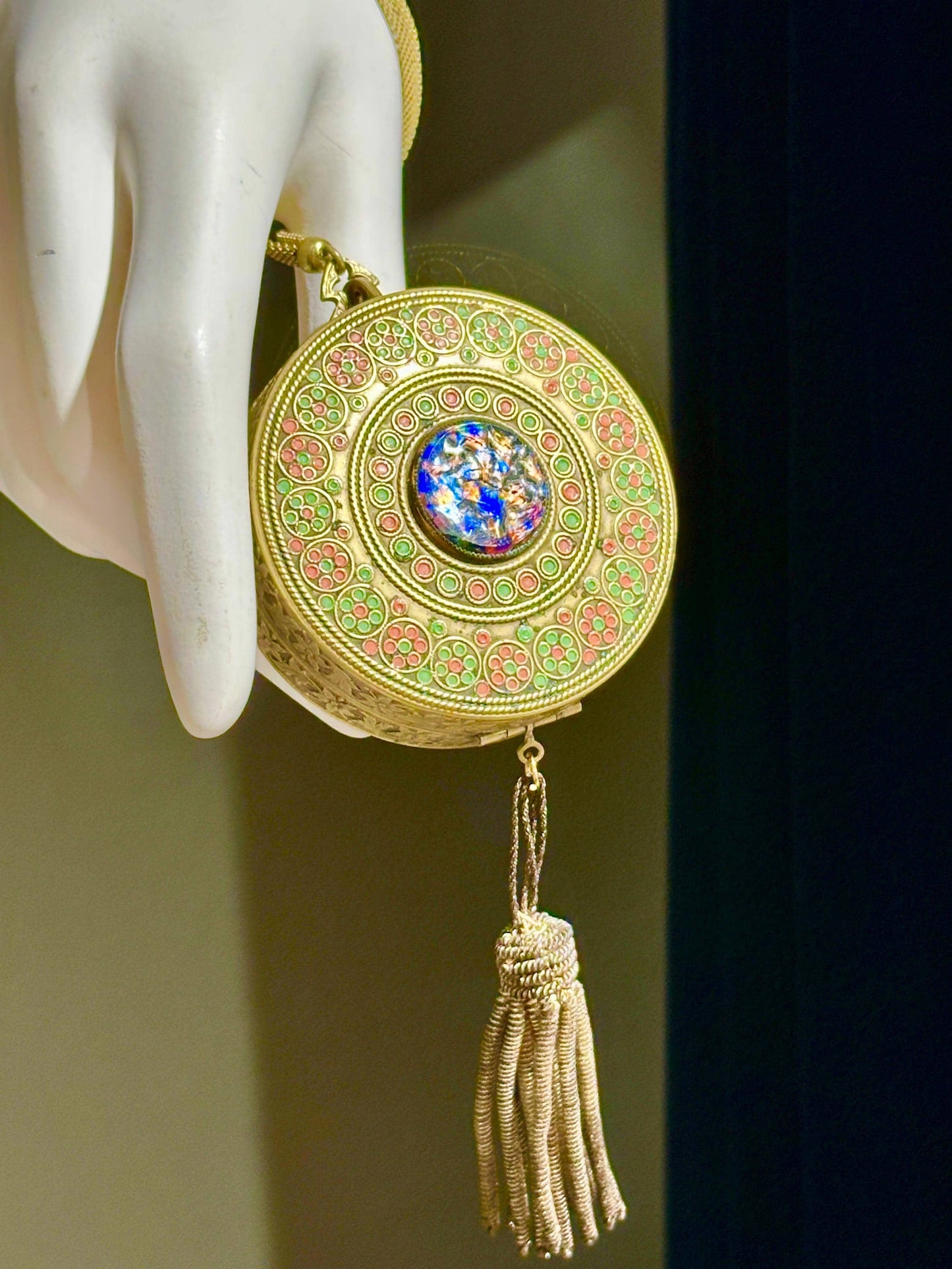 1920s vintage Antique chatelaine compact, flapper enamel mirrored wrist dance compact, double powder, blush rouge
