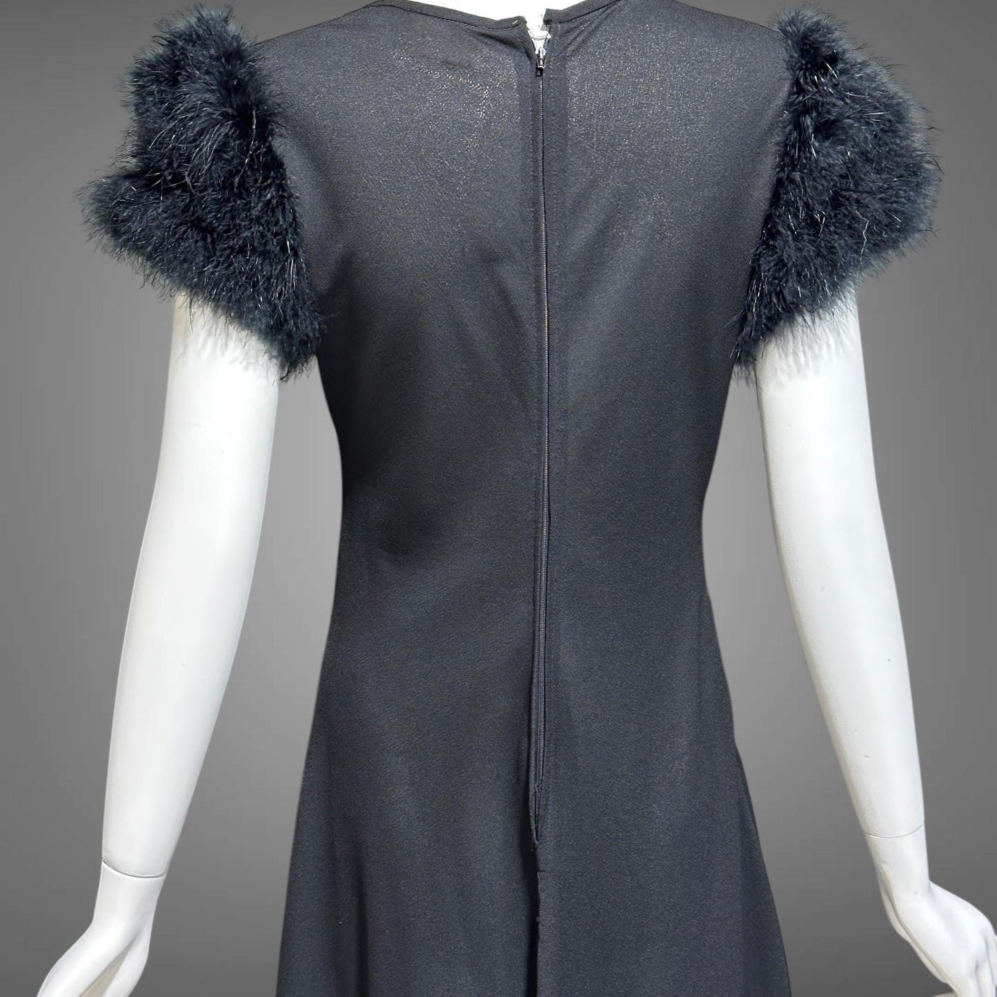 FIFTH AVENUE ROBES, vintage 1950s nightgown, black sheath evening gown with marabou sleeves, totally sheer house dress