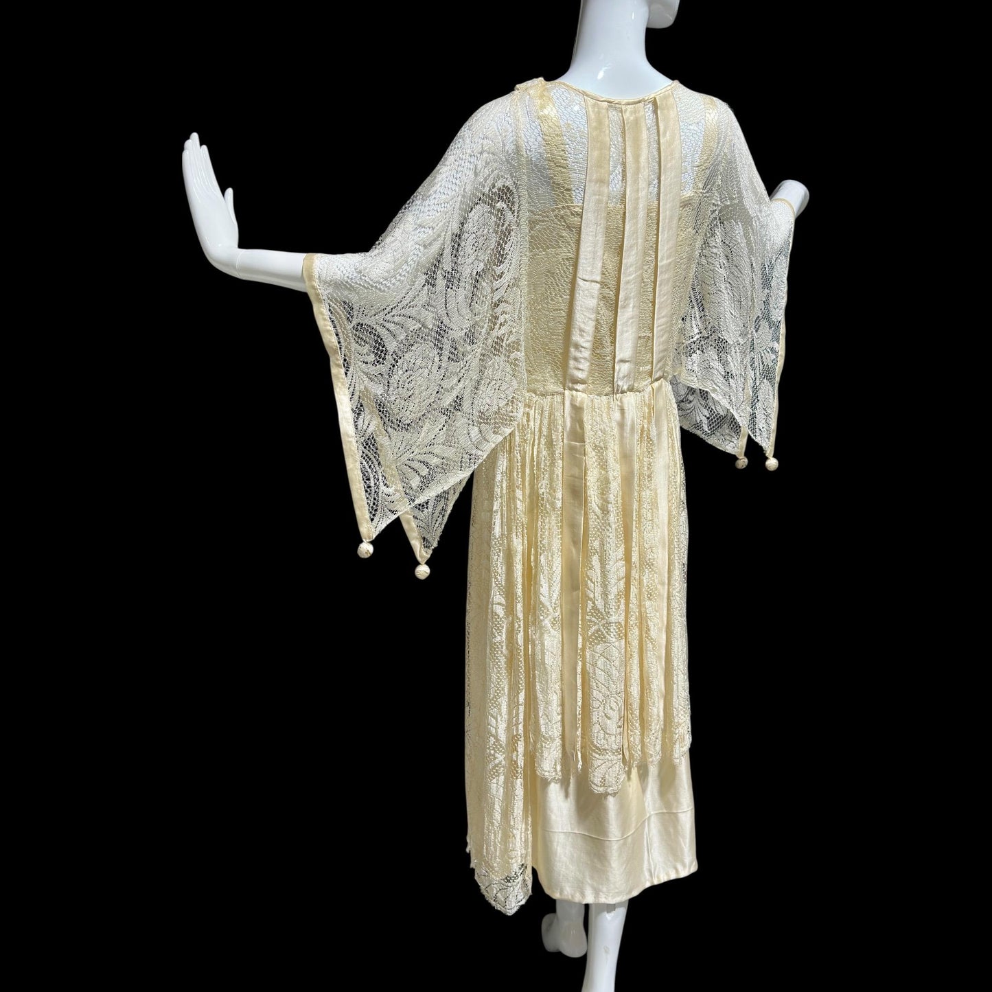 1920s Antique vintage wedding dress, Handmade candlelight white silk and lace slip dress with scarf sleeves, bridal flapper dress