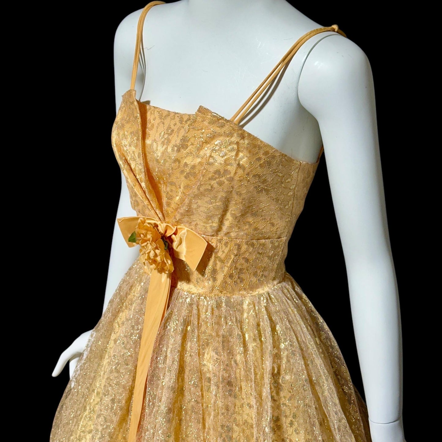 1950s vintage prom dress, Peachy Copper sparkly metallic net tulle cocktail party dress