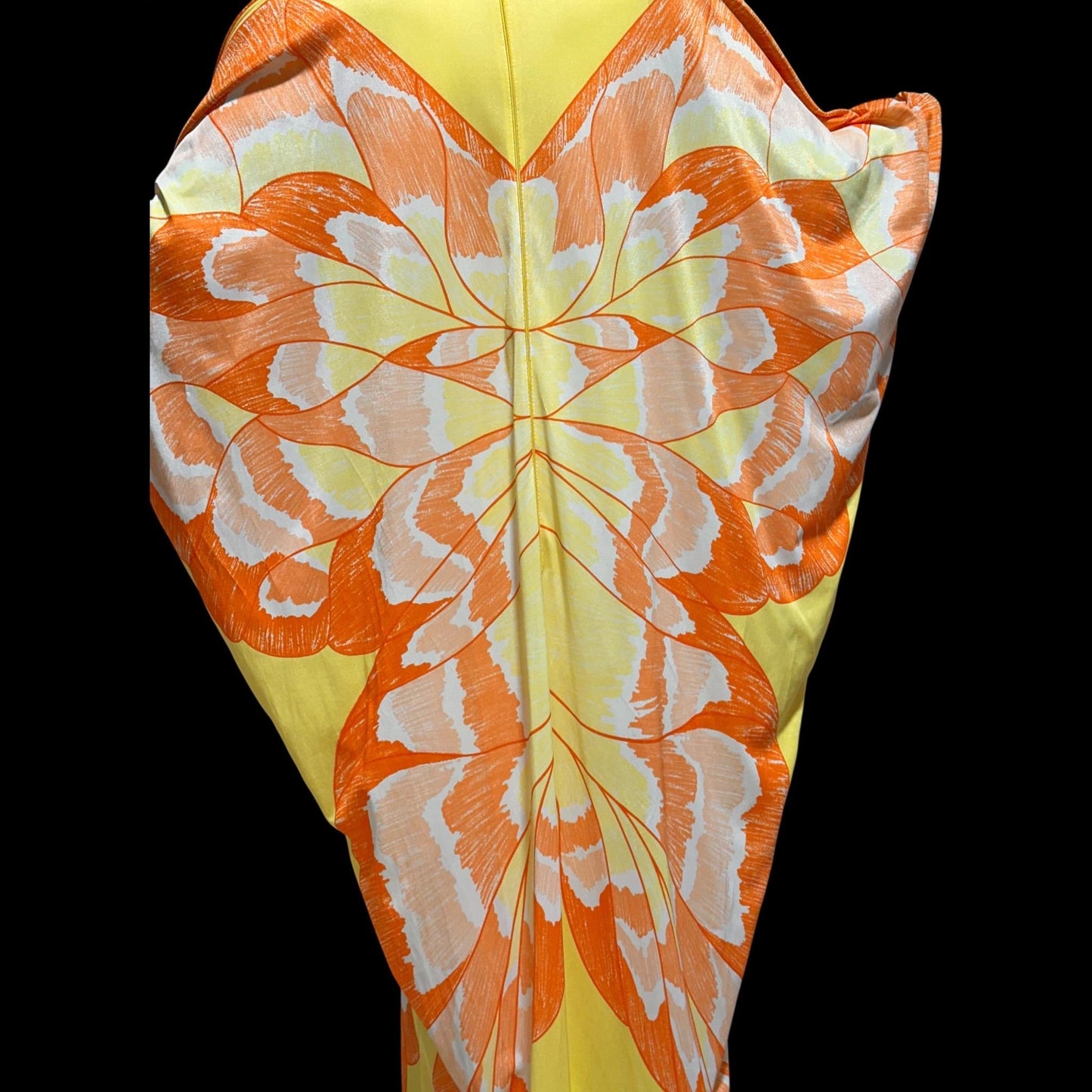 1970s Vintage butterfly caftan dress, Yellow and orange nylon butterfly motif loose house party dress
