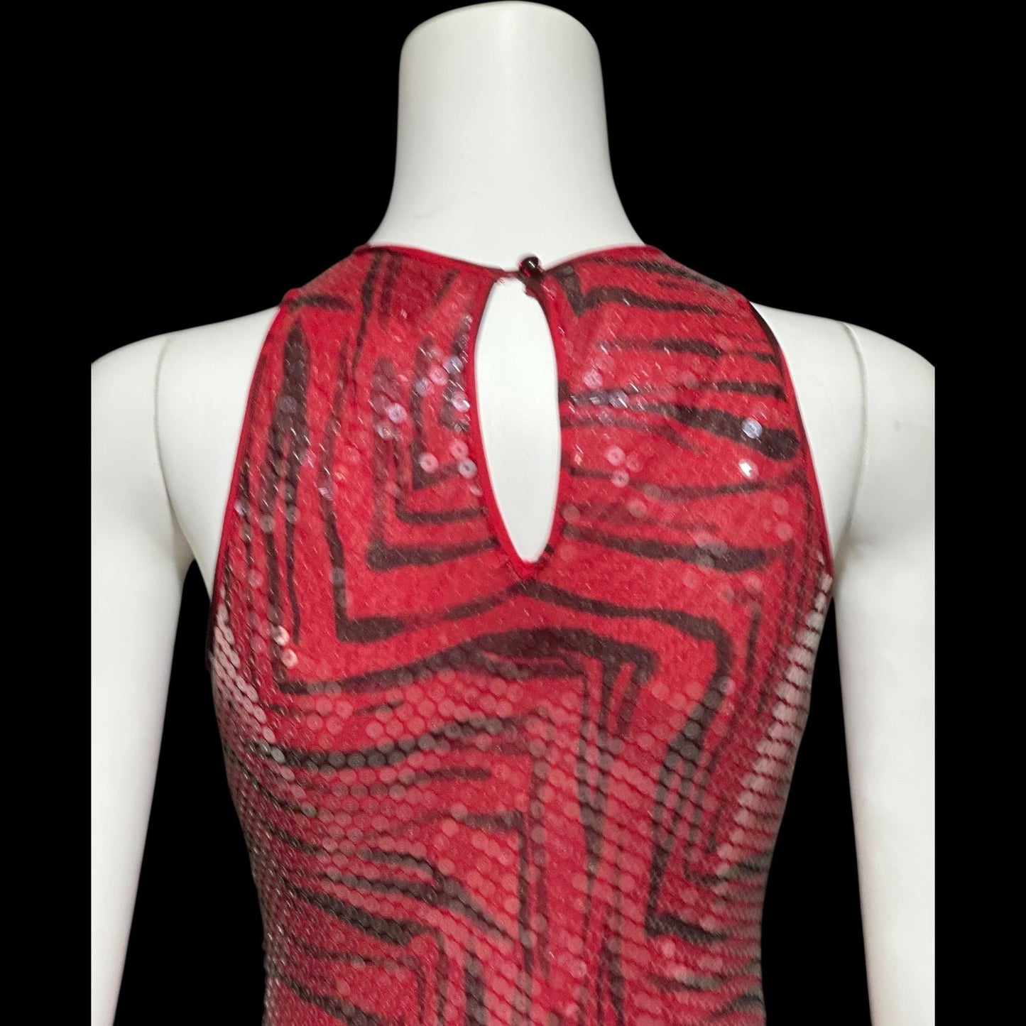 CHETTA B, vintage 1990s evening dress, Bias cut Bodycon red black tiger stripe print sheath slip maxi silk sequin gown