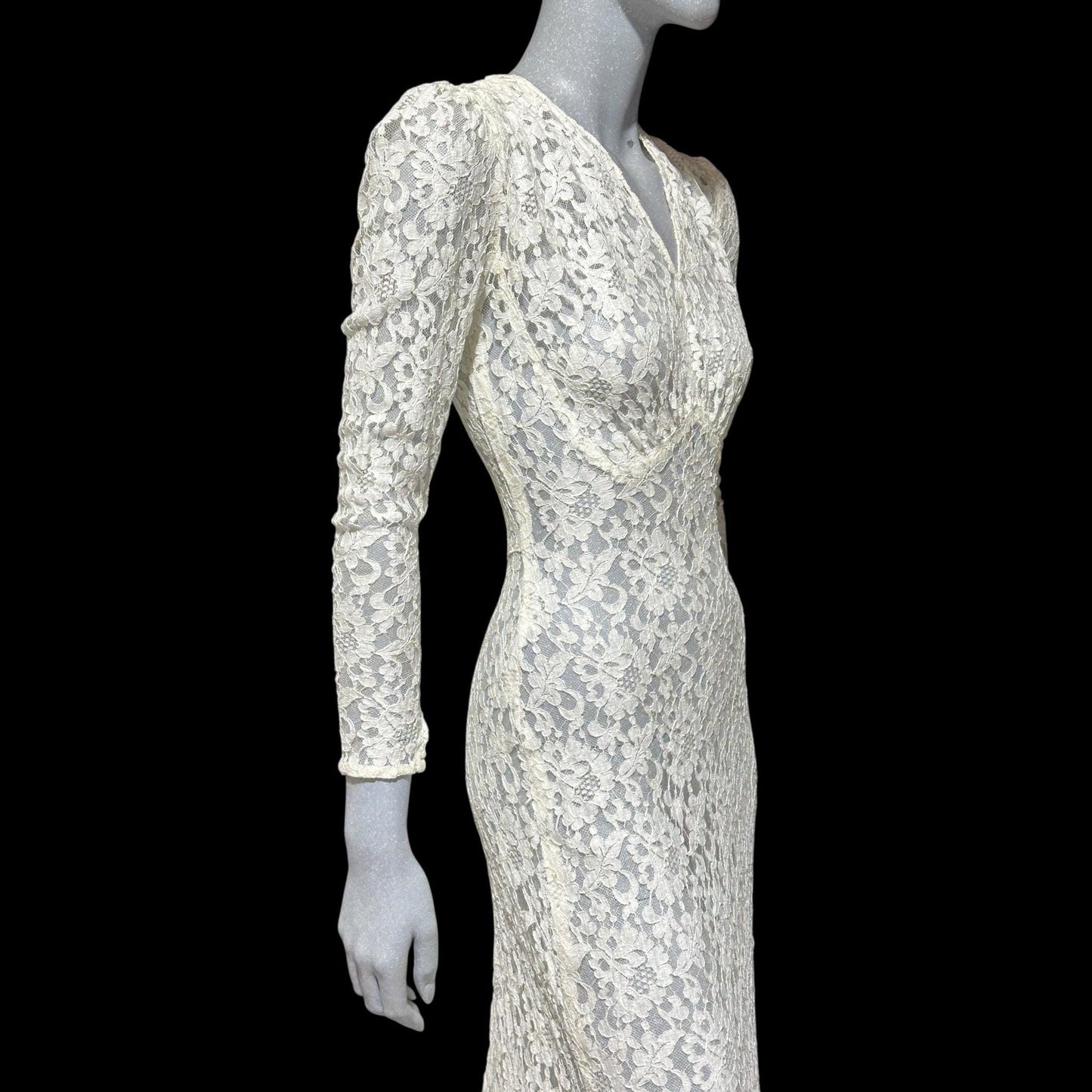 1940s vintage wedding bridal dress, white see through lace sheath full length gown