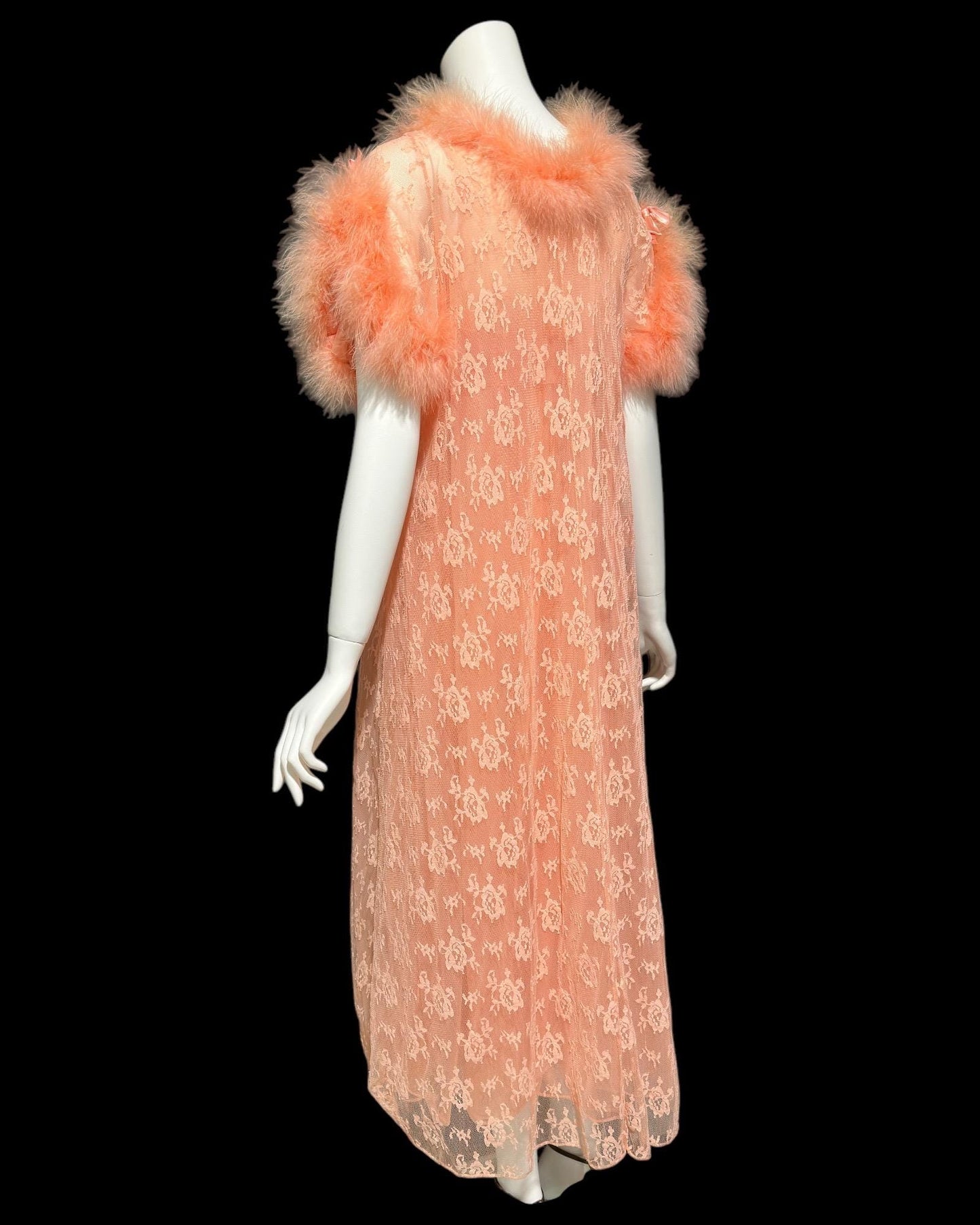 JENELLE vintage nightgown robe set, 1960s Orange Sherbet double layer chiffon peignoir set, Marabou feathers
