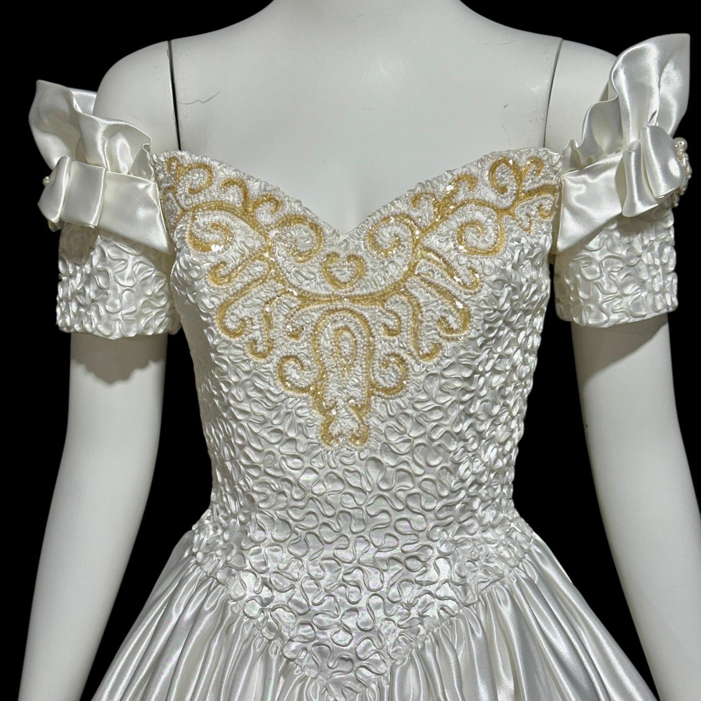 MIKE BENET, vintage 1980s evening dress, shiny white satin sequins prom wedding ball gown