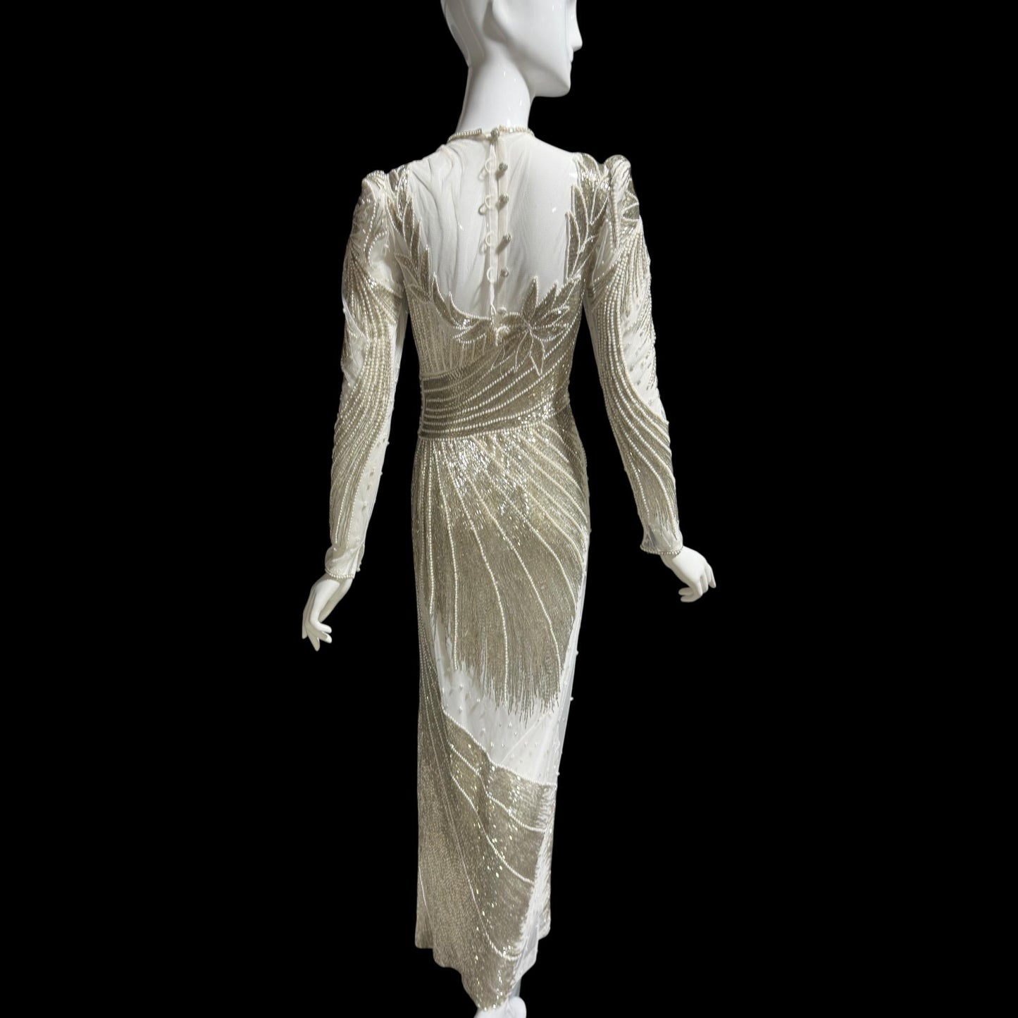 CARLOTA ALFARO, vintage 1970s evening gown dress, White mesh with silver and white beads sheath dress