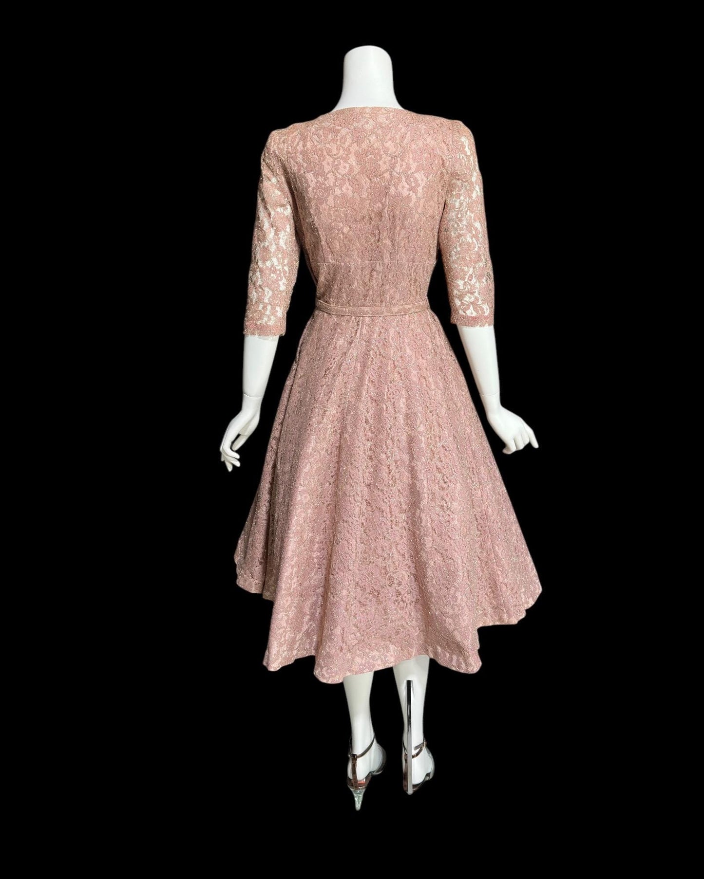 ANN KAUFFMAN, vintage 1940s dress, Old Rose Pink lace w/ silver metallic, shelf bust fit and flare cocktail party evening dress