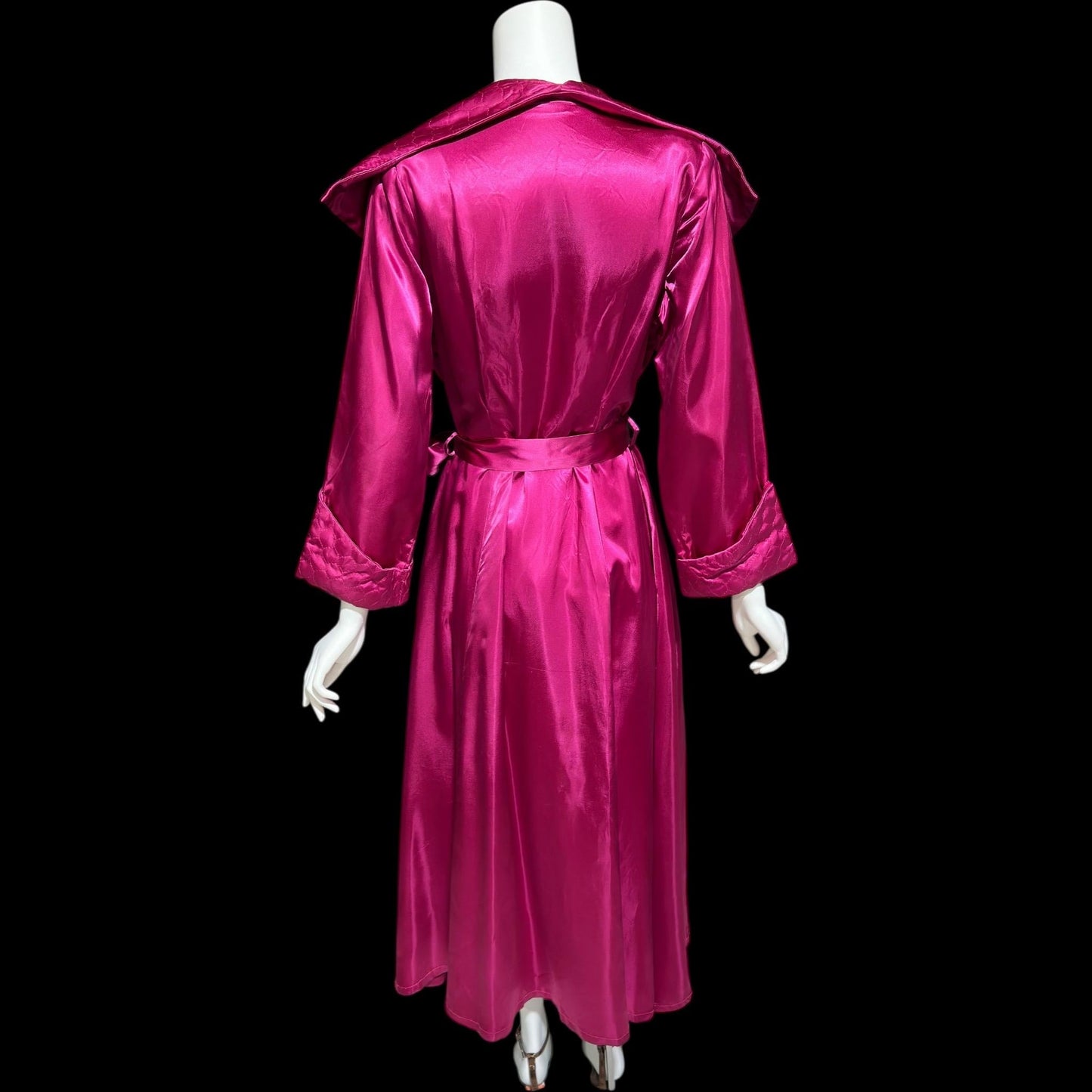 GLORIA NEW YORK, vintage 1940s dressing gown robe, Magenta slipper satin huge collar wrap front housecoat