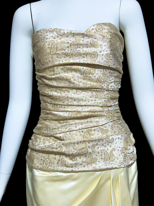 1950s vintage evening dress, Very Marilyn Monroe, Creamy satin with Gold metallic