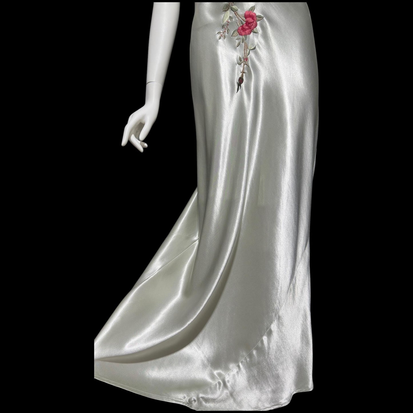 BONNIE STRAUSS, vintage 1990s slip dress, shiny satin bias cut sheath embroidered gown, 1940s style gown