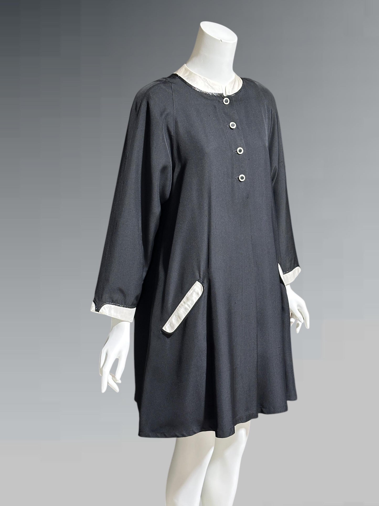 GEOFFREY BEENE, vintage 1980s cocktail party dress, Mod tent dress, black and white day dress