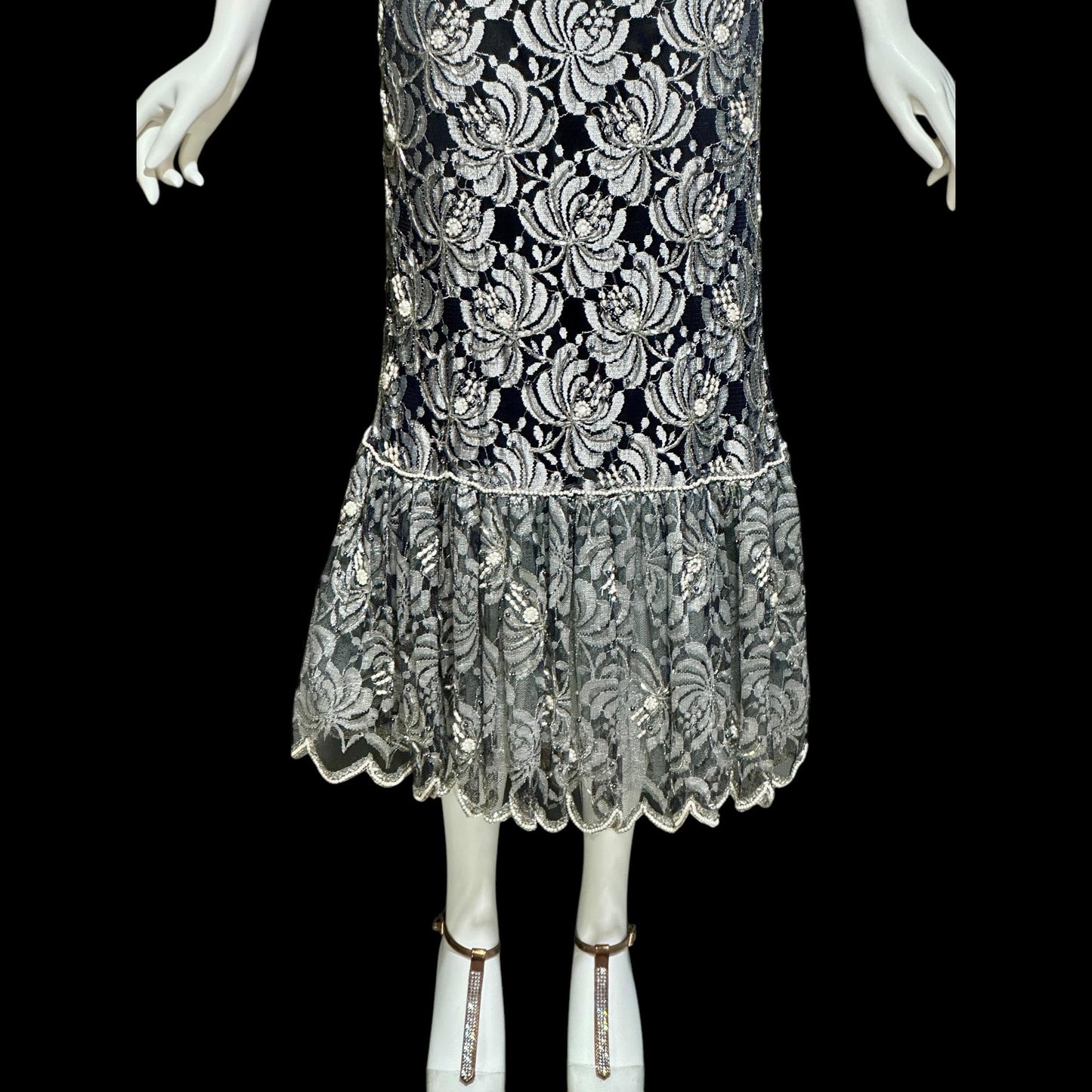 JUDITH ANN, Vintage 1980s sheer beaded dress, Black sheer mesh with beads, Hight neck with ruffle sheath cocktail party dress