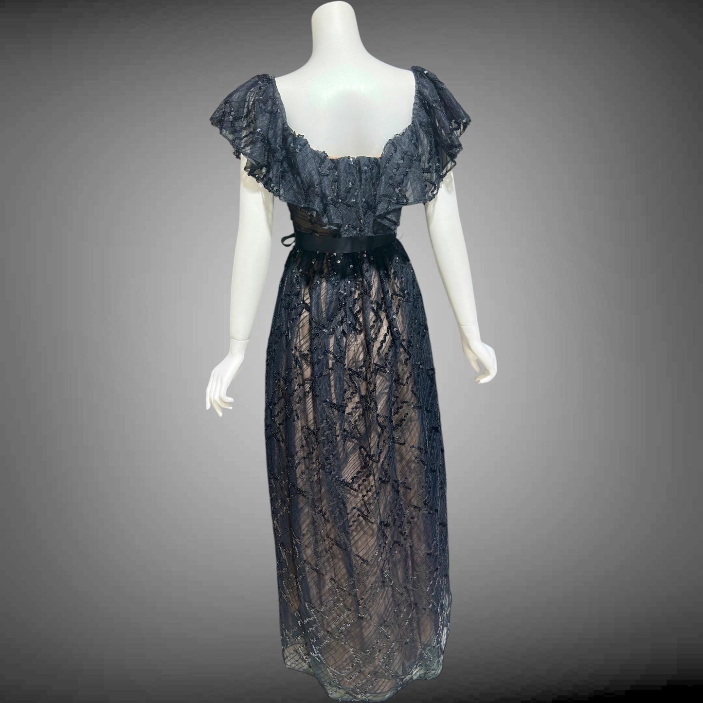 1970s vintage evening dress gown, black lace and sequin ruffled off the shoulder formal dress