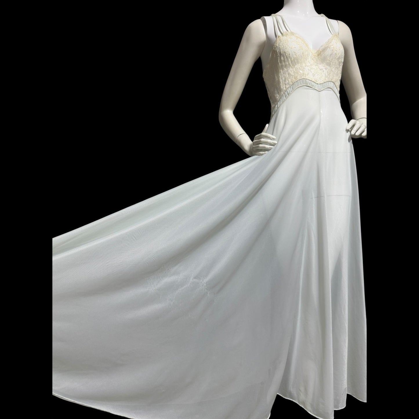 1930s Vintage nightgown robe set, sheer and ethereal blue nylon and white lace slip dress and peignoir set