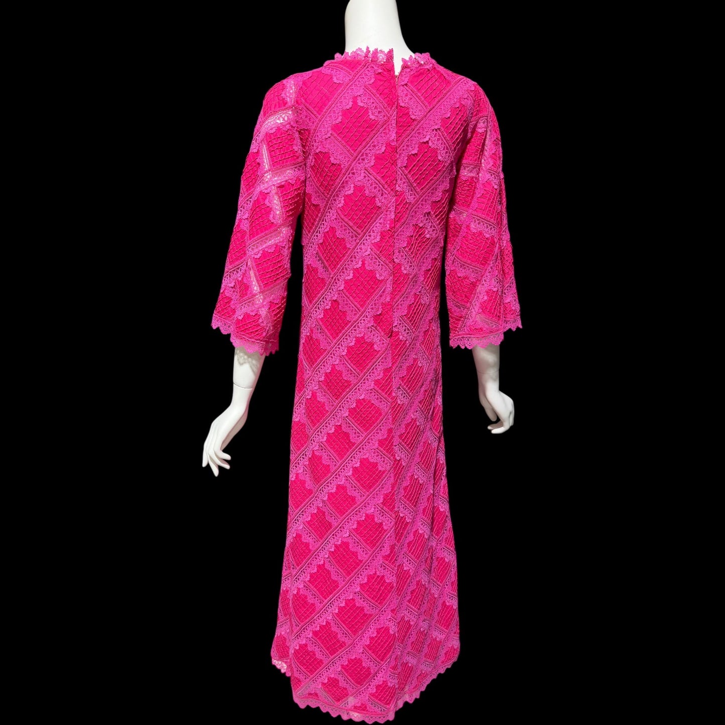 XIHUATL vintage 1960s Mexican cotton day dress, Hot Pink Pintuck Patchwork cotton and lace
