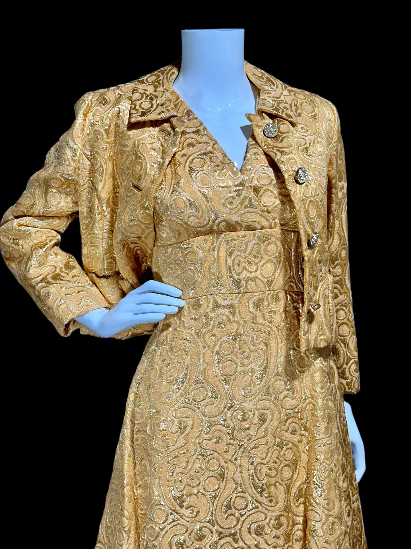 MALCOLM STARR Vintage dress jacket set, 1960s Apricot shiny gold brocade cocktail evening suit ensemble, dress and matching jacket