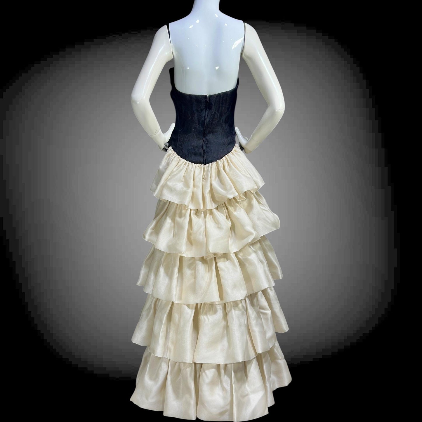 ARNOLD SCAASI vintage 1960s evening gown dress, black and white silk cascading ruffle gown