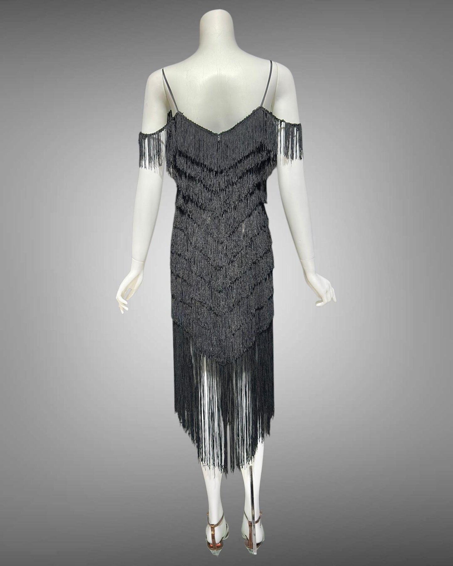 TD4 vintage 1980s Fringed evening cocktail dress, black mini party flapper slip dress