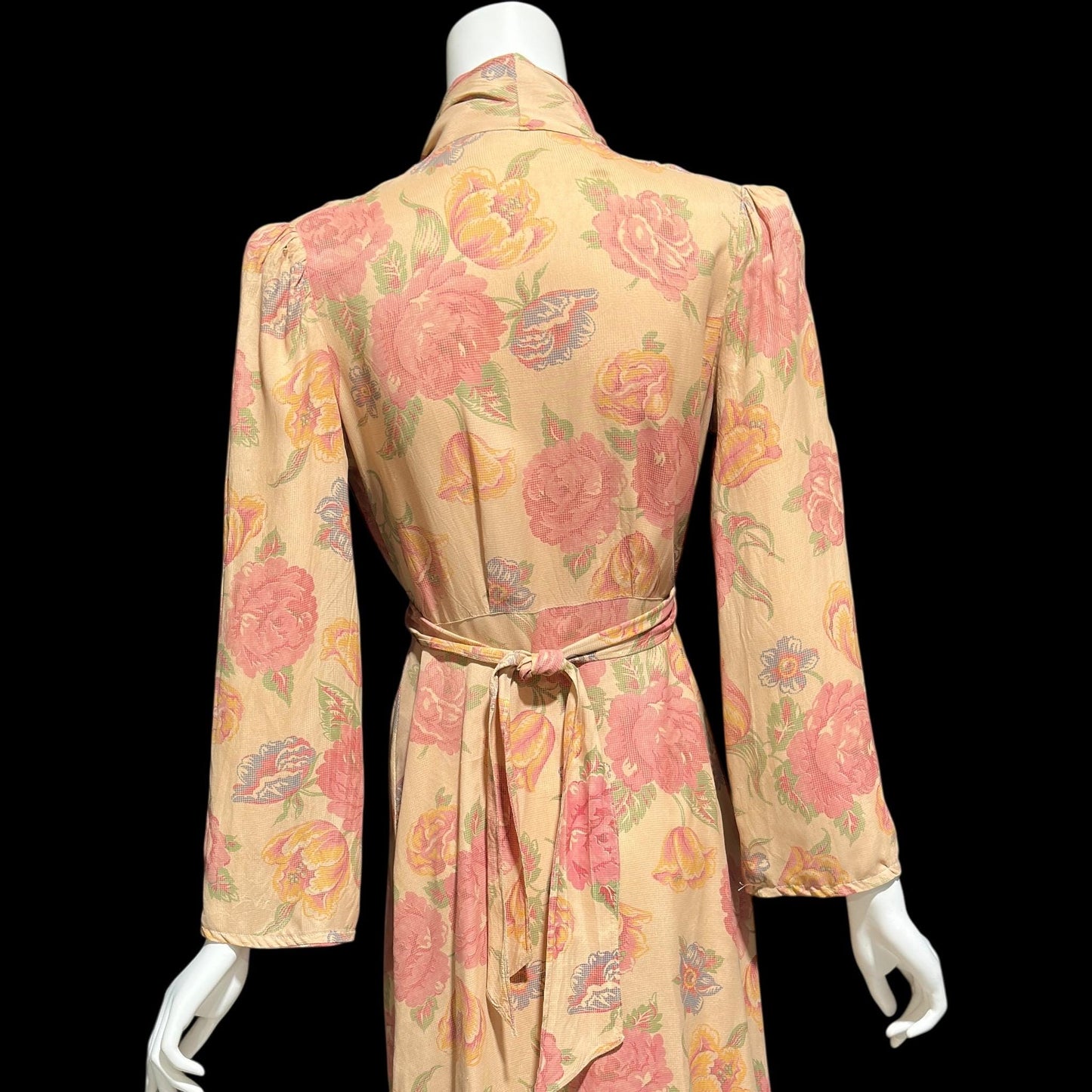 1930s vintage silk chintz floral robe, Dusty pink wrap front long house coat, Rehabilitated Wounded Bird